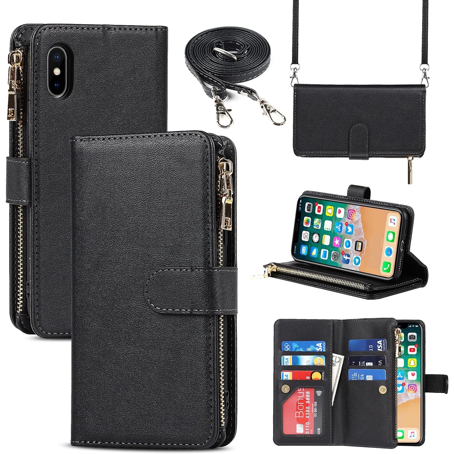 Compatible avec l'étui-portefeuille pour XS/iPhone X de iPhone,[9 fentes pour cartes] dragonne ajustable amovible