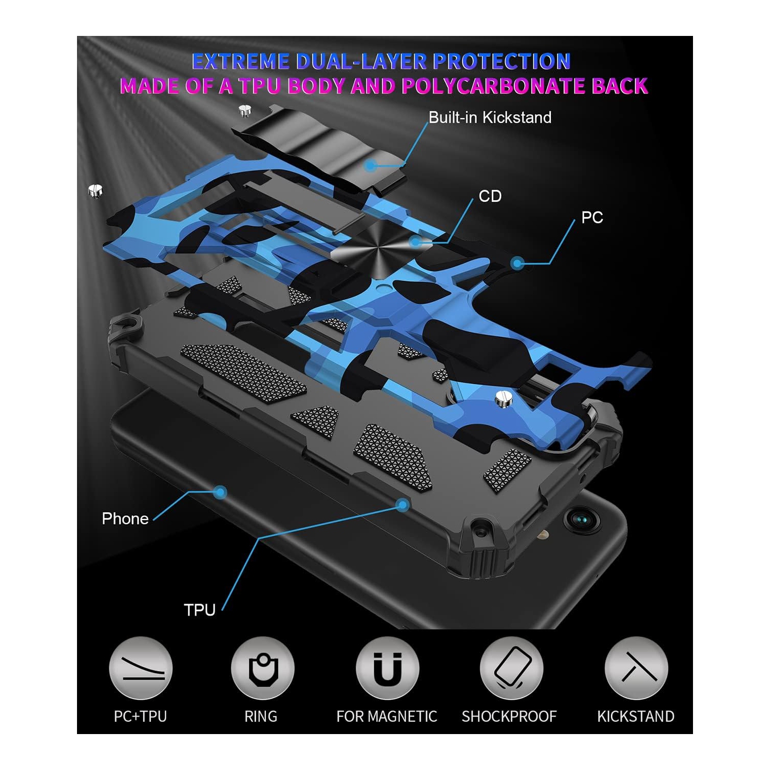 Étui camouflage pour Galaxy A14 5G de Samsung avec béquille magnétique, anneau rotatif à 360° pour voiture magnétique