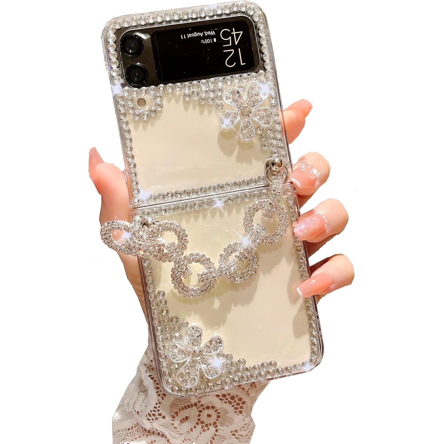 for Samsung Galaxy Z Flip 3 5G Case Clear Silicone Cute Aesthetic Luxury Glitter Rhinestone Flowers Design