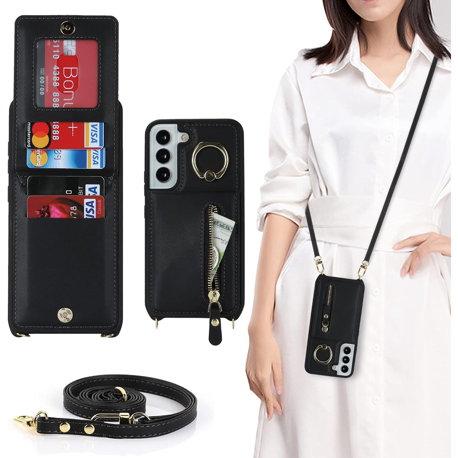 Samsung Galaxy S21 5G Phone Case for Women with Card Holder,Samsung S21 Case Wallet Crossbody Lanyard