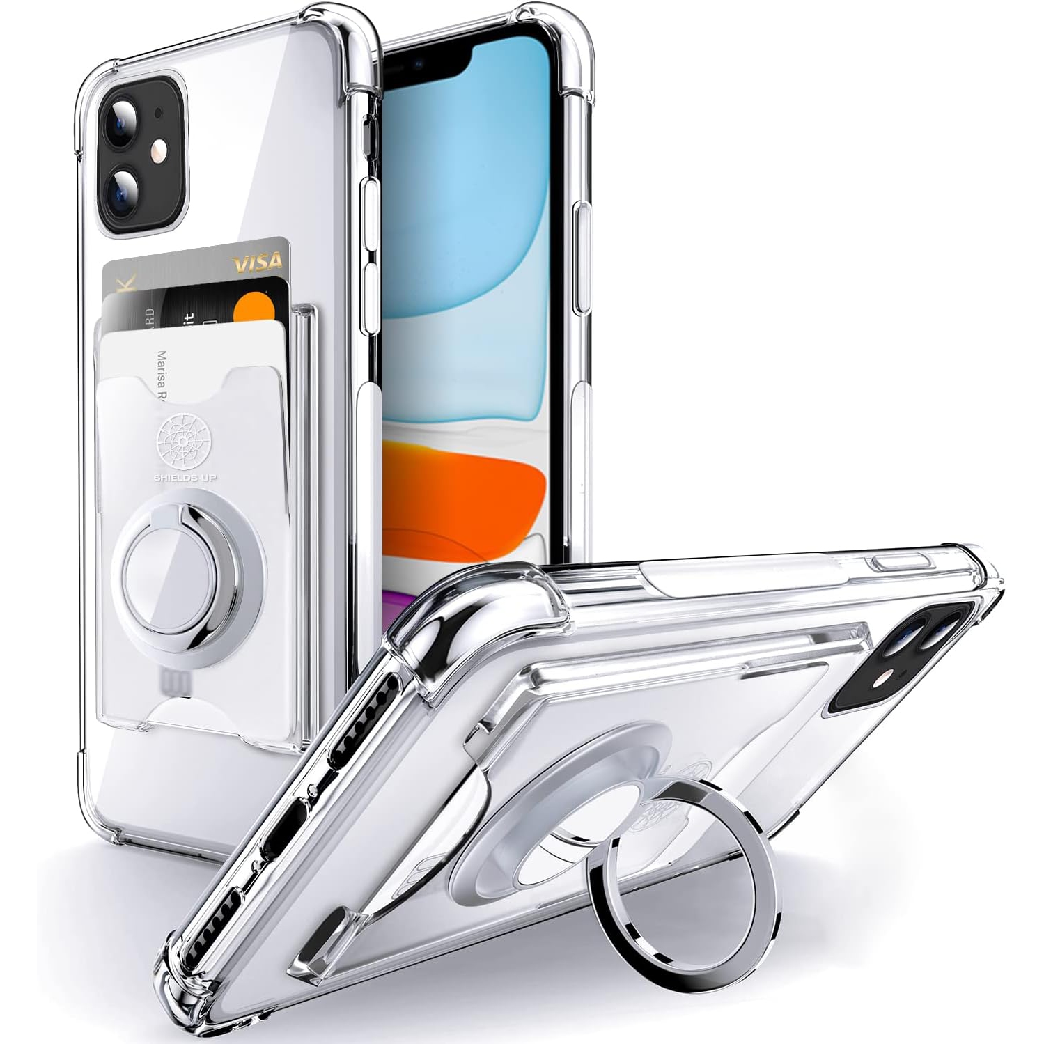for iPhone 11 Phone Case Wallet Clear with Card Holder [3 Cards] Ring Stand Minimalist Wallet Case Slim