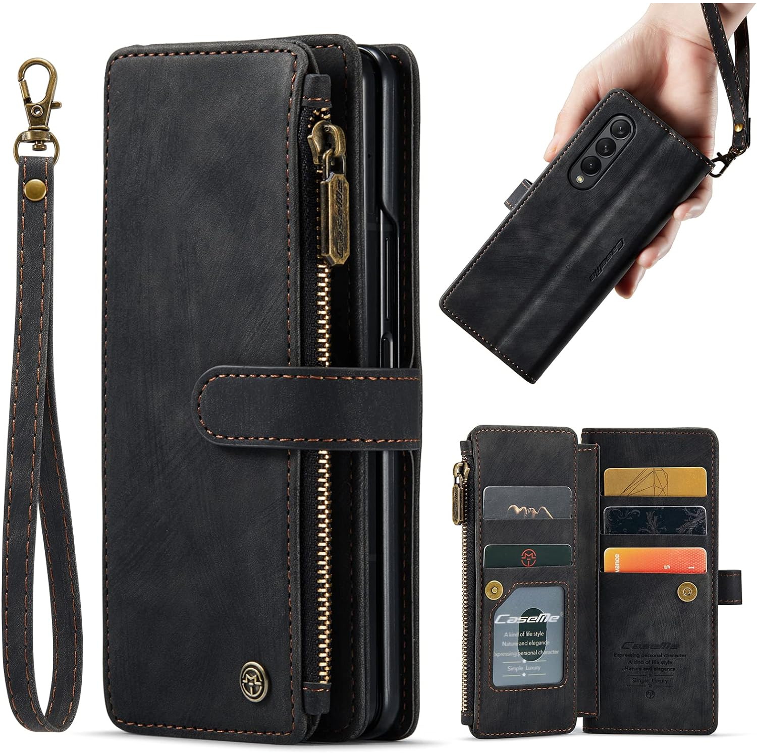 Wallet Case for Samsung Galaxy Z Fold 3 5G,PU Leather Flip Magnetic Closure Shockproof Zipper Purse Cover