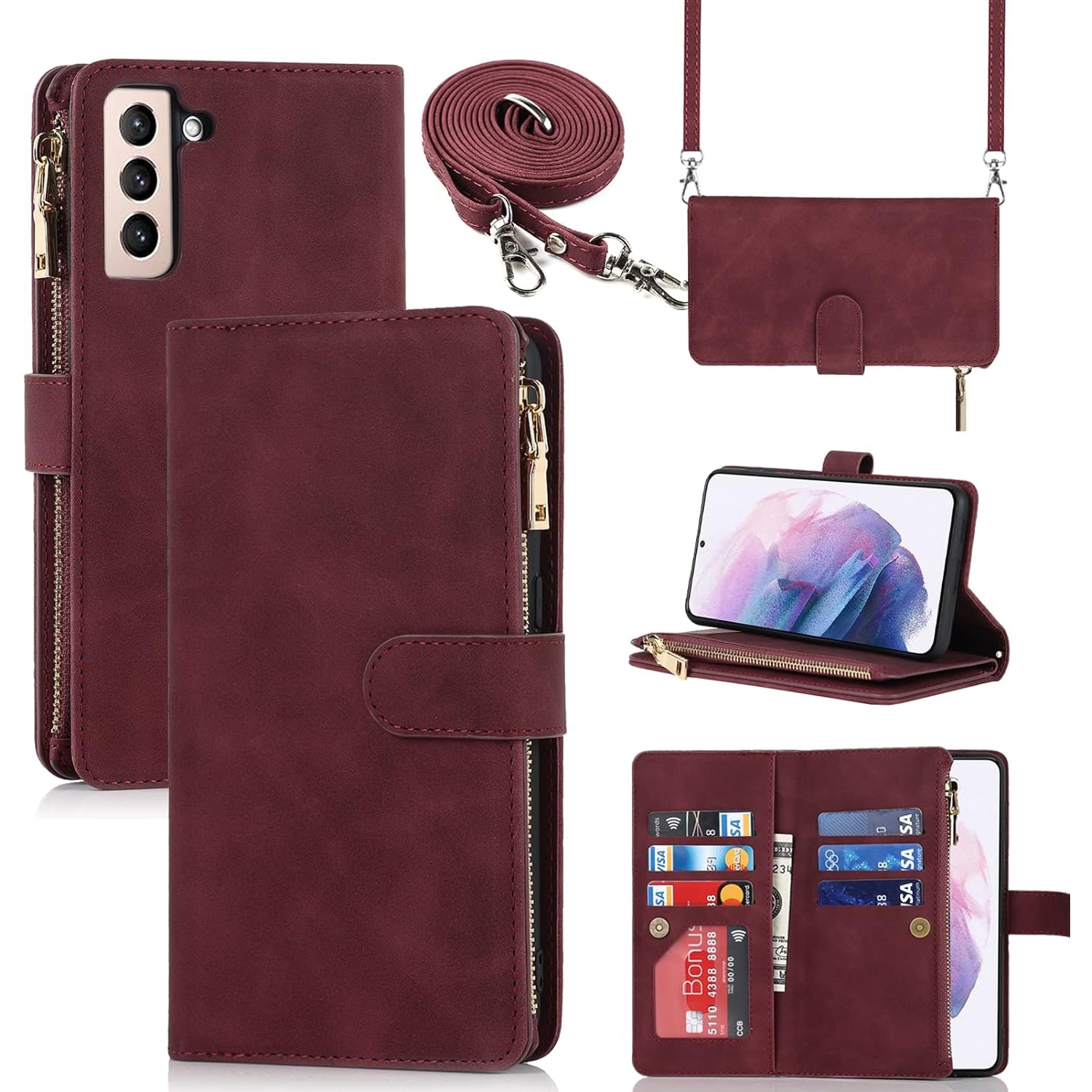 Samsung Galaxy S21 Plus 5G Wallet Case,[9 Card Slots] Removable Adjustable Crossbody Necklace Lanyard Shoulder