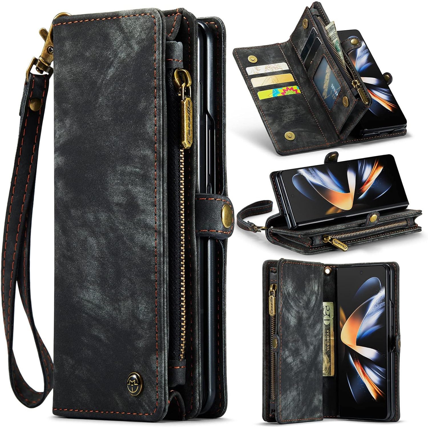Leather Flip Wallet Case for Samsung Galaxy Z Fold 4 5G,Detachable Back Magnetic Closure 2-in-1 Shockproof Zipper