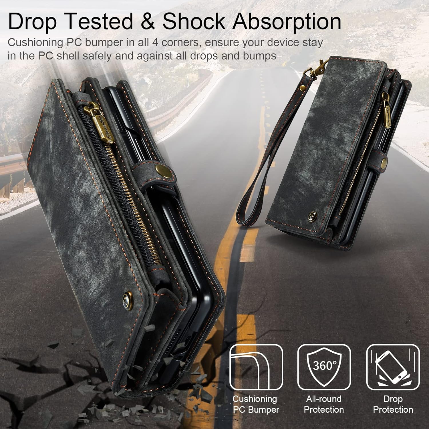 Étui portefeuille en cuir à rabat pour Galaxy Z Fold 4 5G de Samsung, fermeture magnétique amovible arrière, fermeture à glissière antichoc 2-en-1