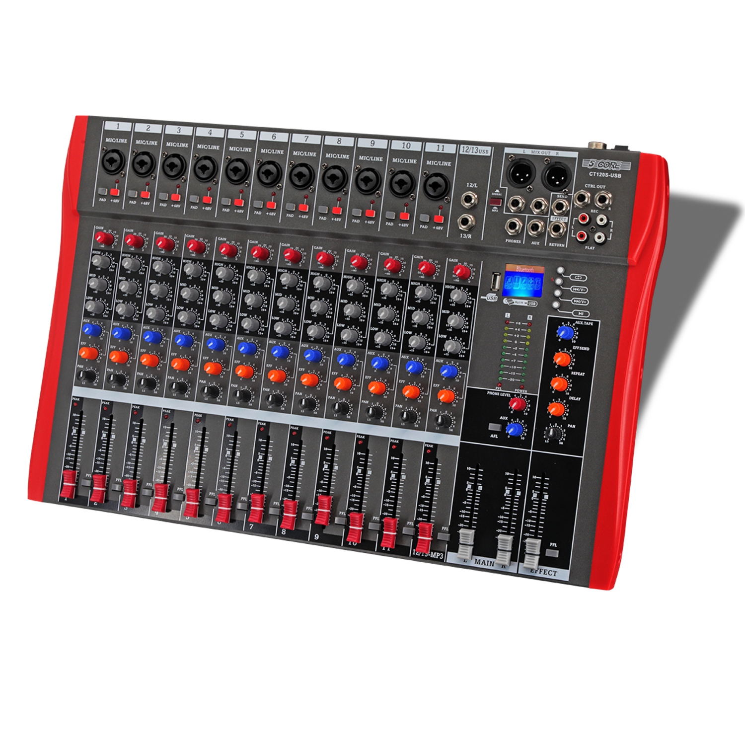 5 core Audio Mixer DJ Equipment Digital Sound Board Karaoke XLR 12 Channel Bluetooth USB w Effects for Recording Music Studio PC Podcast Instruments Consola De Sonido