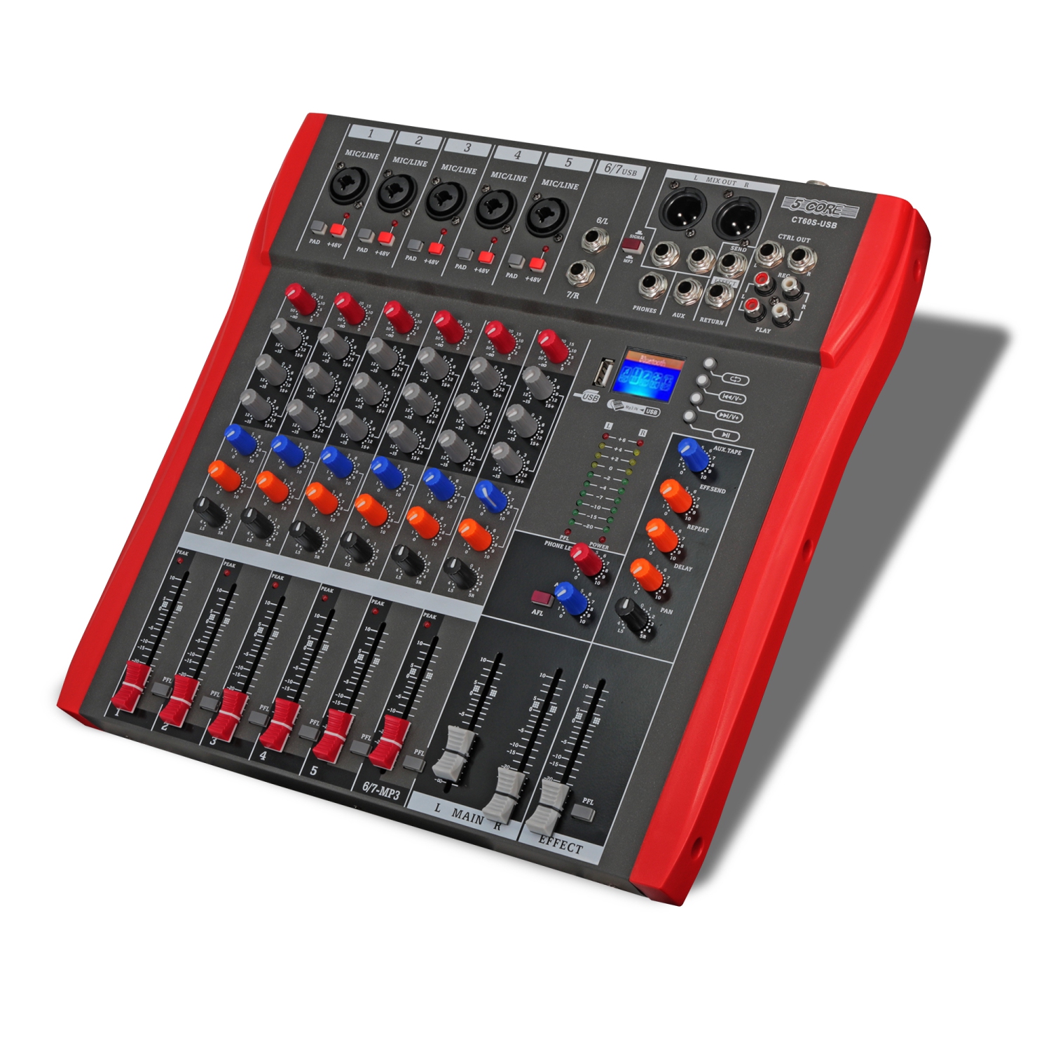 5 core Audio Mixer DJ Equipment Digital Sound Board Karaoke XLR Mixers 6 Channel Bluetooth USB w Effects for Recording Music Studio PC Podcast Instruments Consola De Sonido