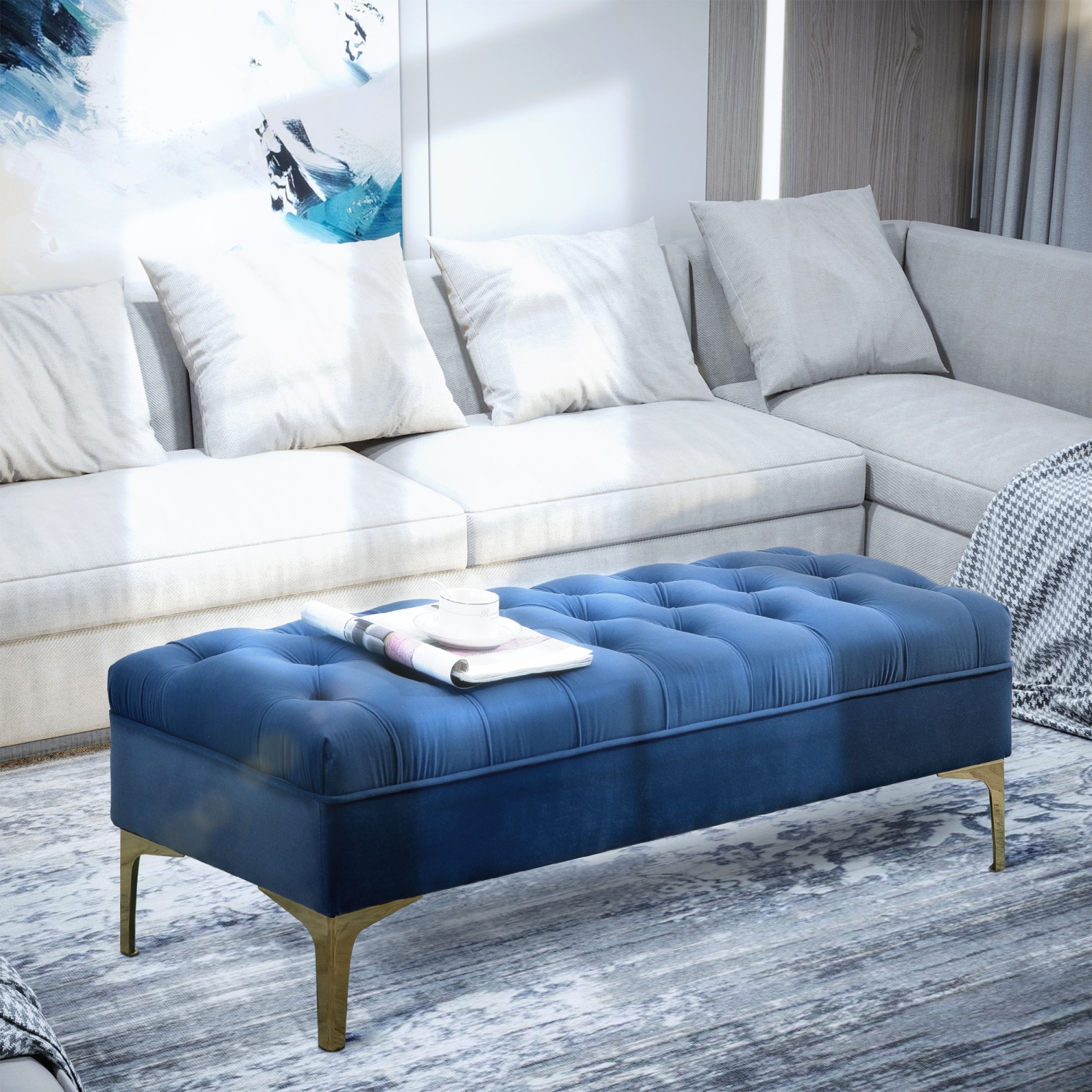 HOMCOM Velvet Upholstered Bench Seat, End of Bed Bench, Entryway Shoe Bench with Button Tufted and Metal Legs for Living Room, Bedroom, Dining Room,