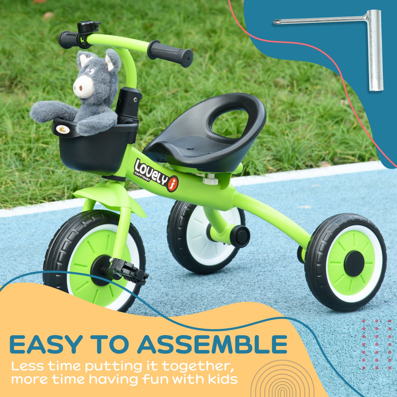 Tricycle Qaba pour jeunes filles et garçons de 2-5 ans, vélo pour tout-petits avec siège réglable, panier, cloche, vert