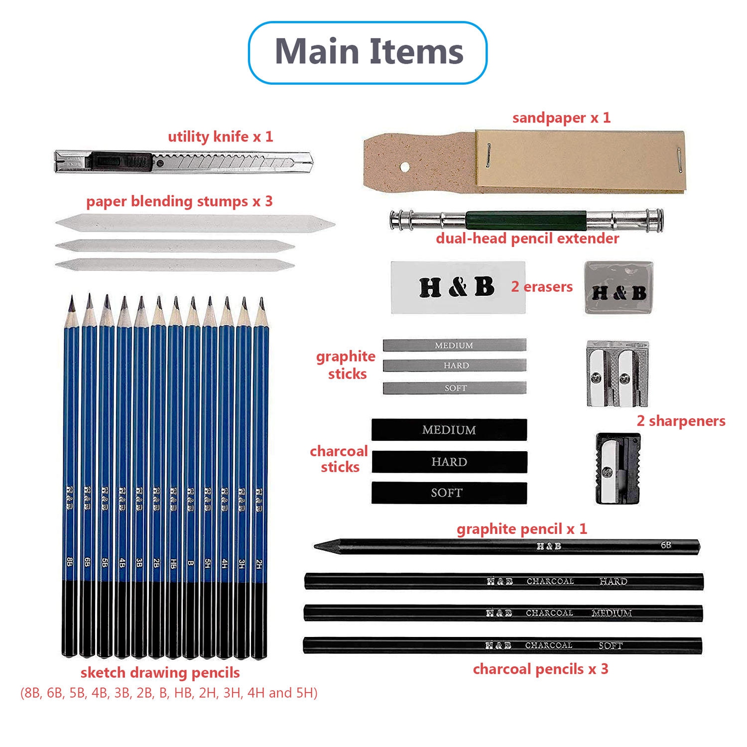 Ensemble de dessin professionnel de 33 pièces, crayon à croquis à dessin
