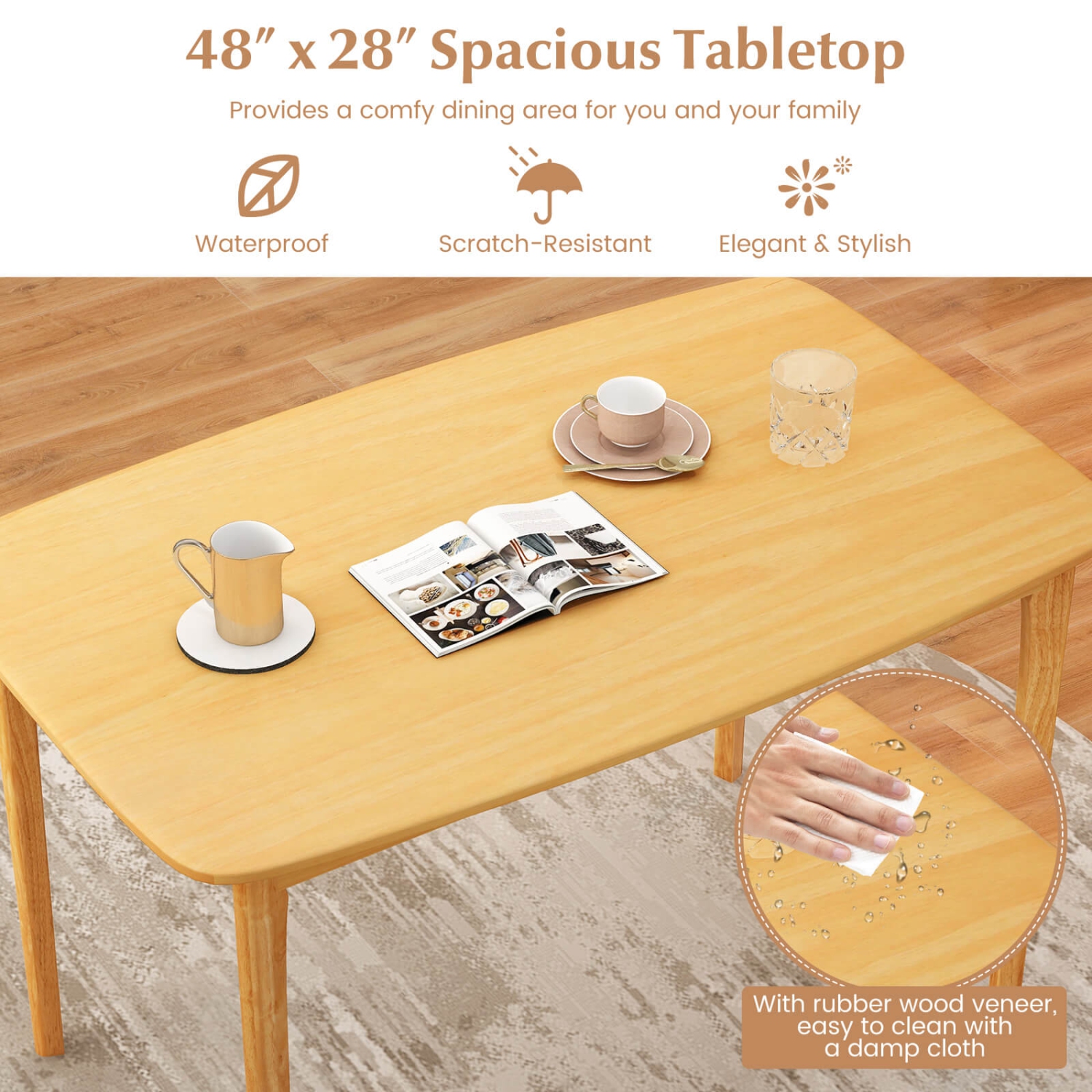 Costway 48" Wooden Dining Table Rectangular Farmhouse Kitchen with Solid Rubber Wood Legs