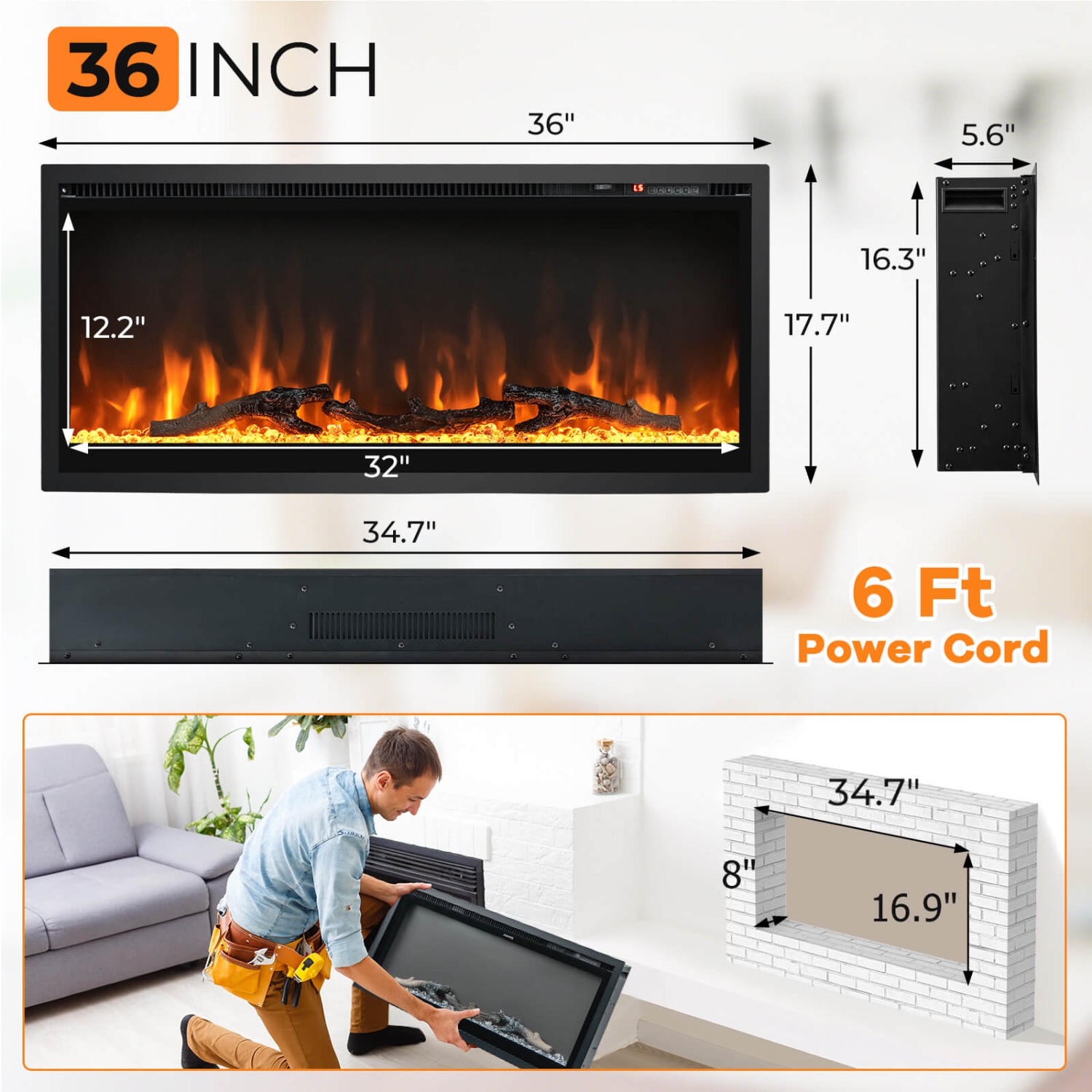 Costway 36" Electric Fireplace Recessed Wall Mounted Freestanding with Remote Control