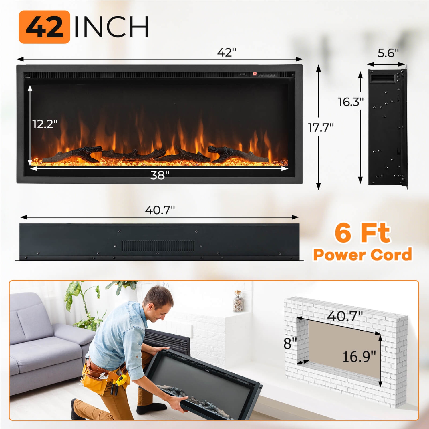 Costway 42" Electric Fireplace Recessed Wall Mounted Freestanding with Remote Control