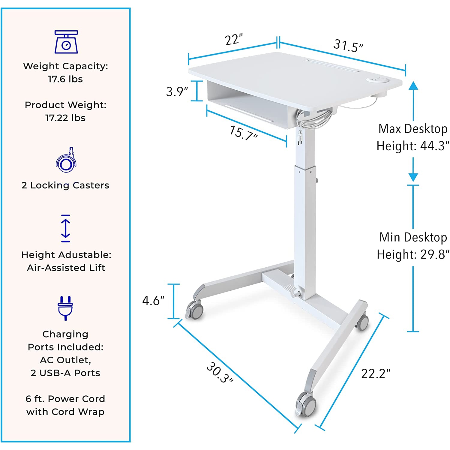 Stand Steady Cruizer Height Adjustable Podium With Power Outlets, White