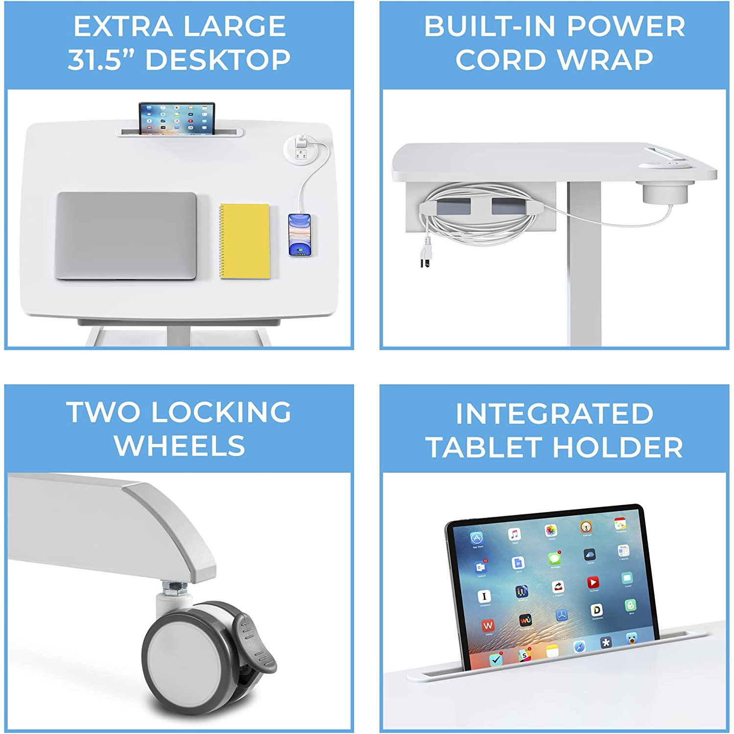 Stand Steady Cruizer Height Adjustable Podium With Power Outlets, White