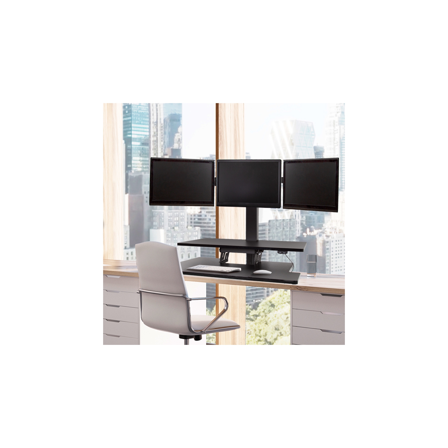 Stand Steady 35" Electric Standing Desk Converter with 3 Monitor Mounts, Black