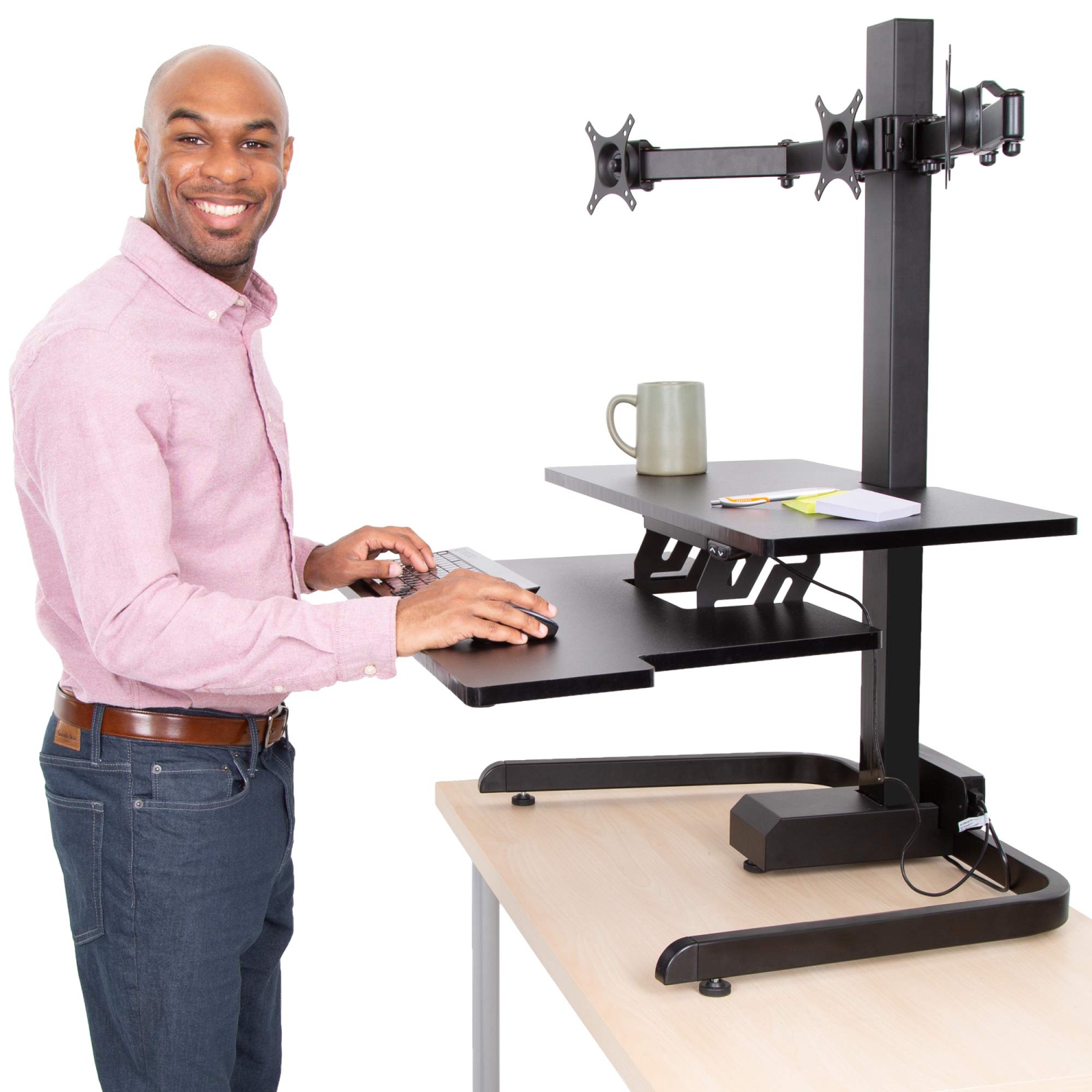 Stand Steady 35" Electric Standing Desk Converter with 3 Monitor Mounts, Black