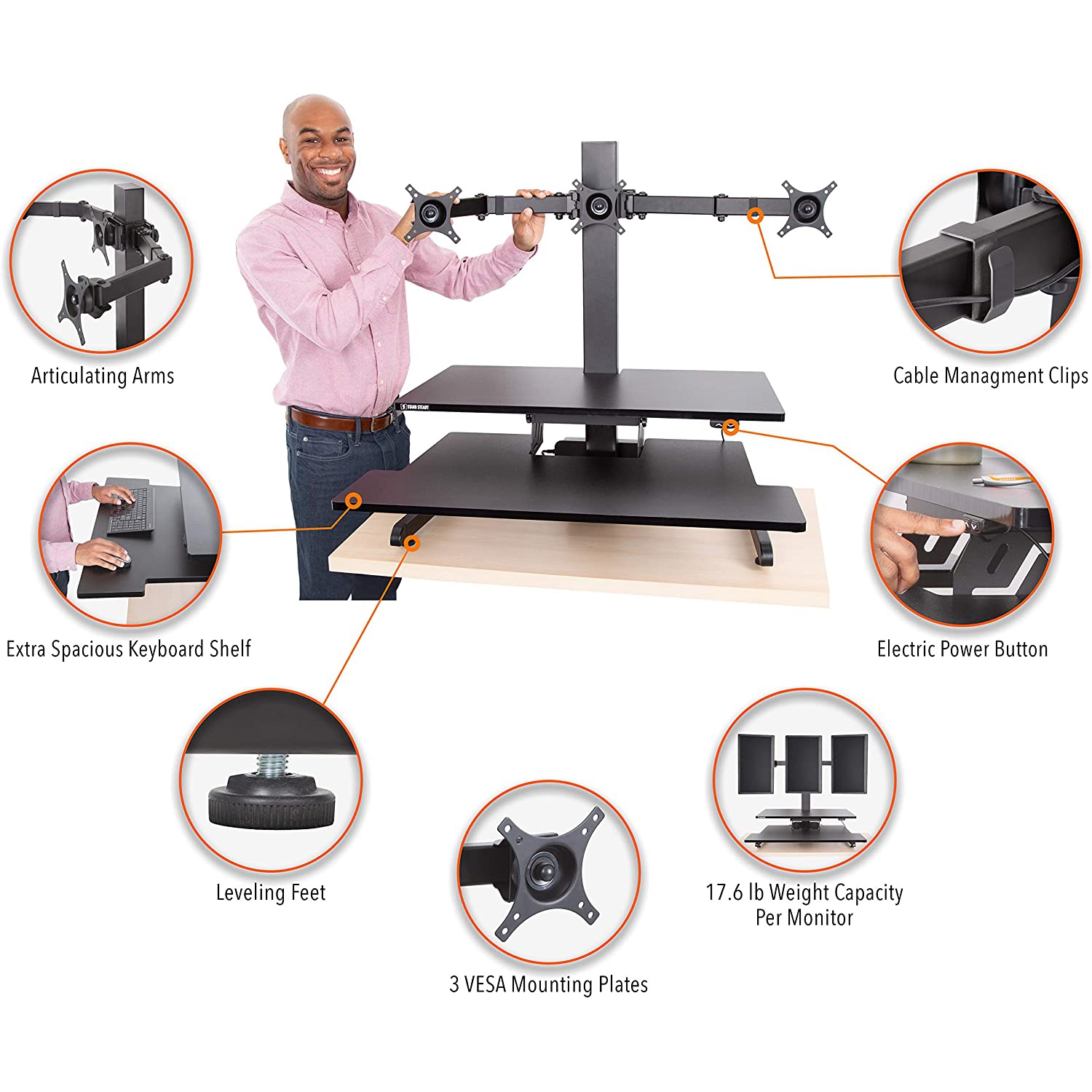 Stand Steady 35" Electric Standing Desk Converter with 3 Monitor Mounts, Black