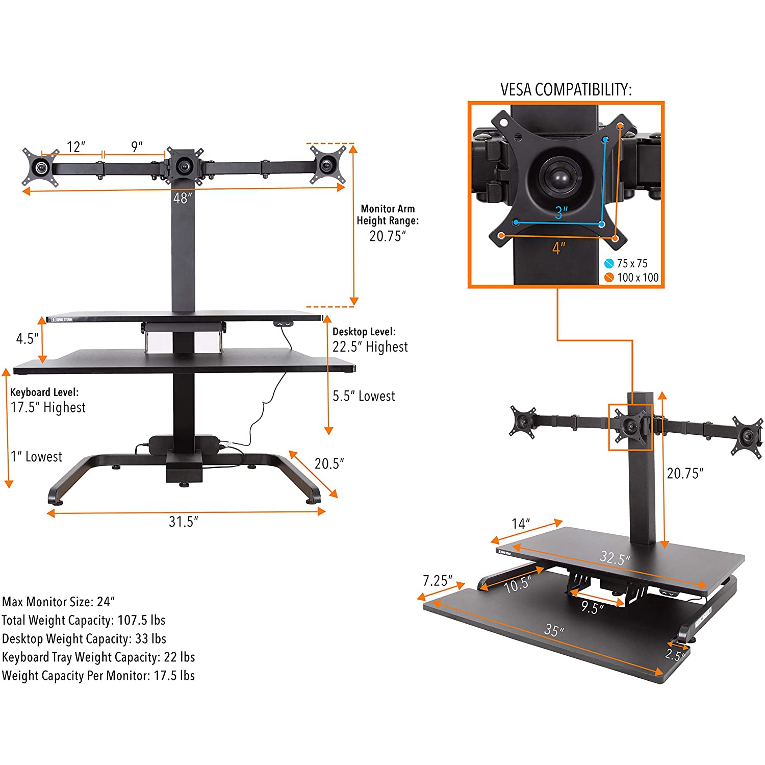 Stand Steady 35" Electric Standing Desk Converter with 3 Monitor Mounts, Black