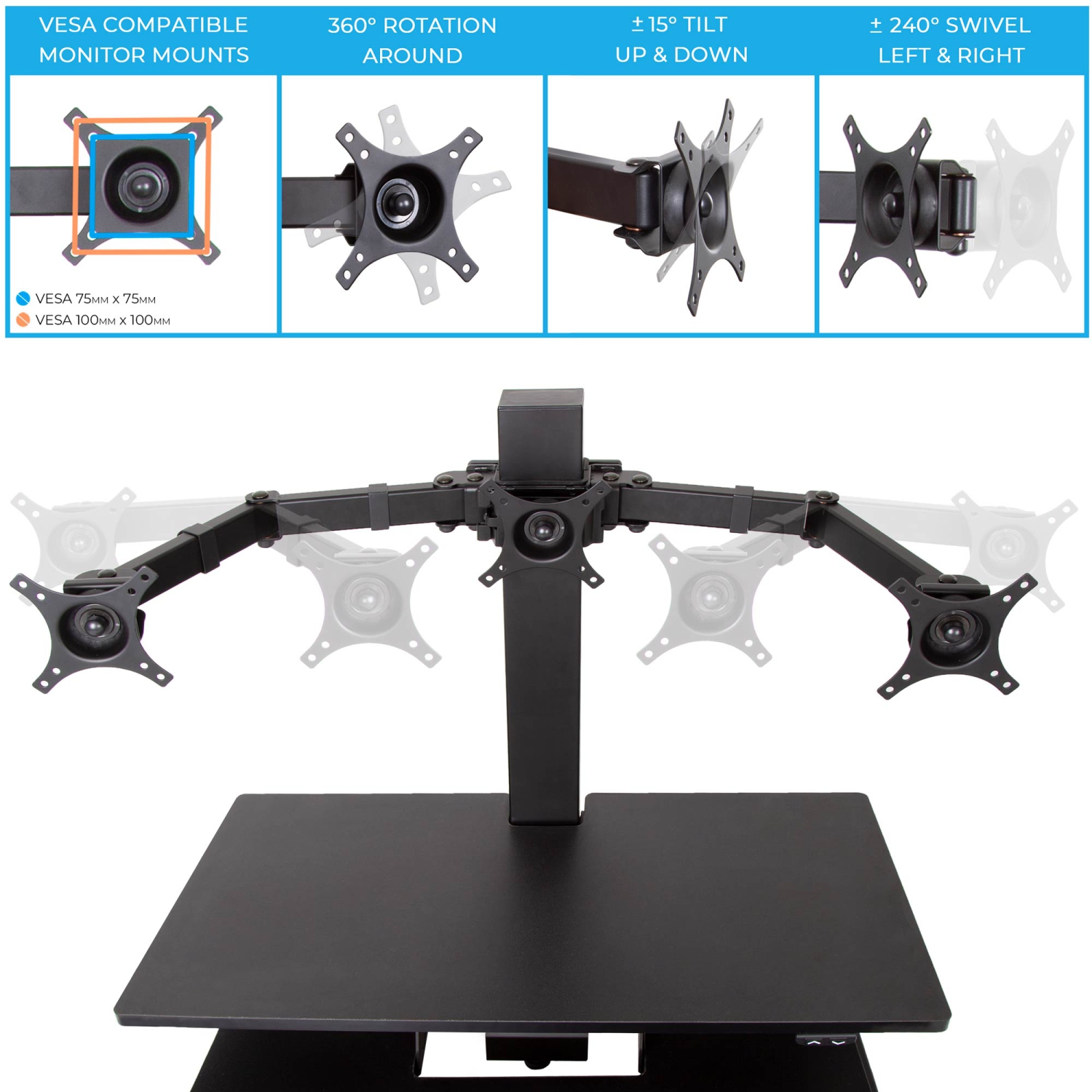 Stand Steady 35" Electric Standing Desk Converter with 3 Monitor Mounts, Black