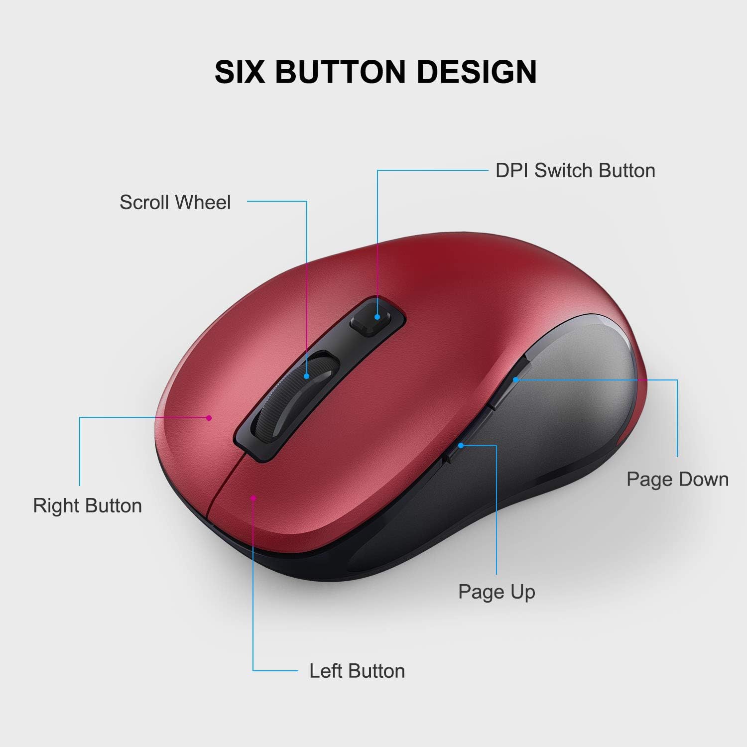 W 2.4G Wireless Mouse for Laptop, Ergonomic Computer Mouse with USB Receiver and 3 Adjustable Levels, 6 Button Cordless Mouse Wireless Mice for