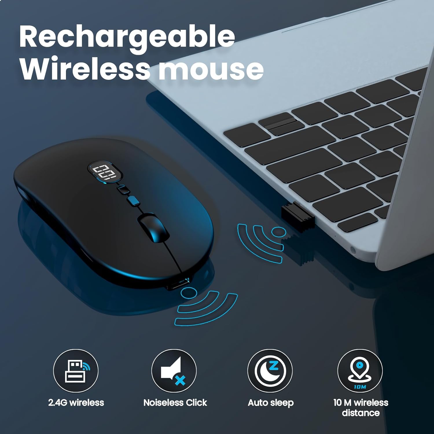 Wireless Mouse for Laptop, Rechargeable and Noiseless, Ultra Slim 2.4G Cordless Mouse Computer Mice 1600 DPI with USB Receiver for PC Office,
