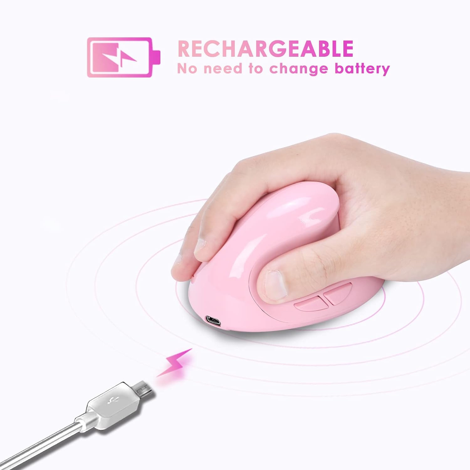 Ergonomic Mouse,Rechargeable Small Vertical Mouse with 6 Buttons Adjustable 800/1200/1600 DPI Pink Wireless Mouse for Laptop Desktop PC Mac…
