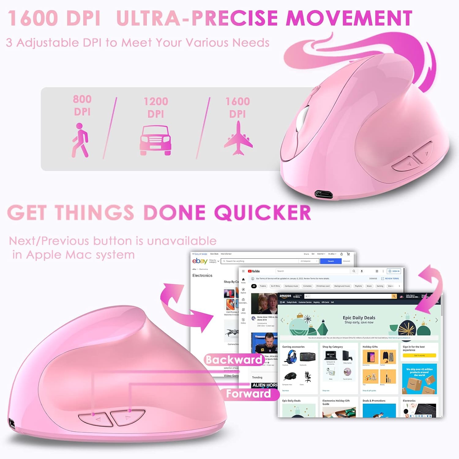 Ergonomic Mouse,Rechargeable Small Vertical Mouse with 6 Buttons Adjustable 800/1200/1600 DPI Pink Wireless Mouse for Laptop Desktop PC Mac…