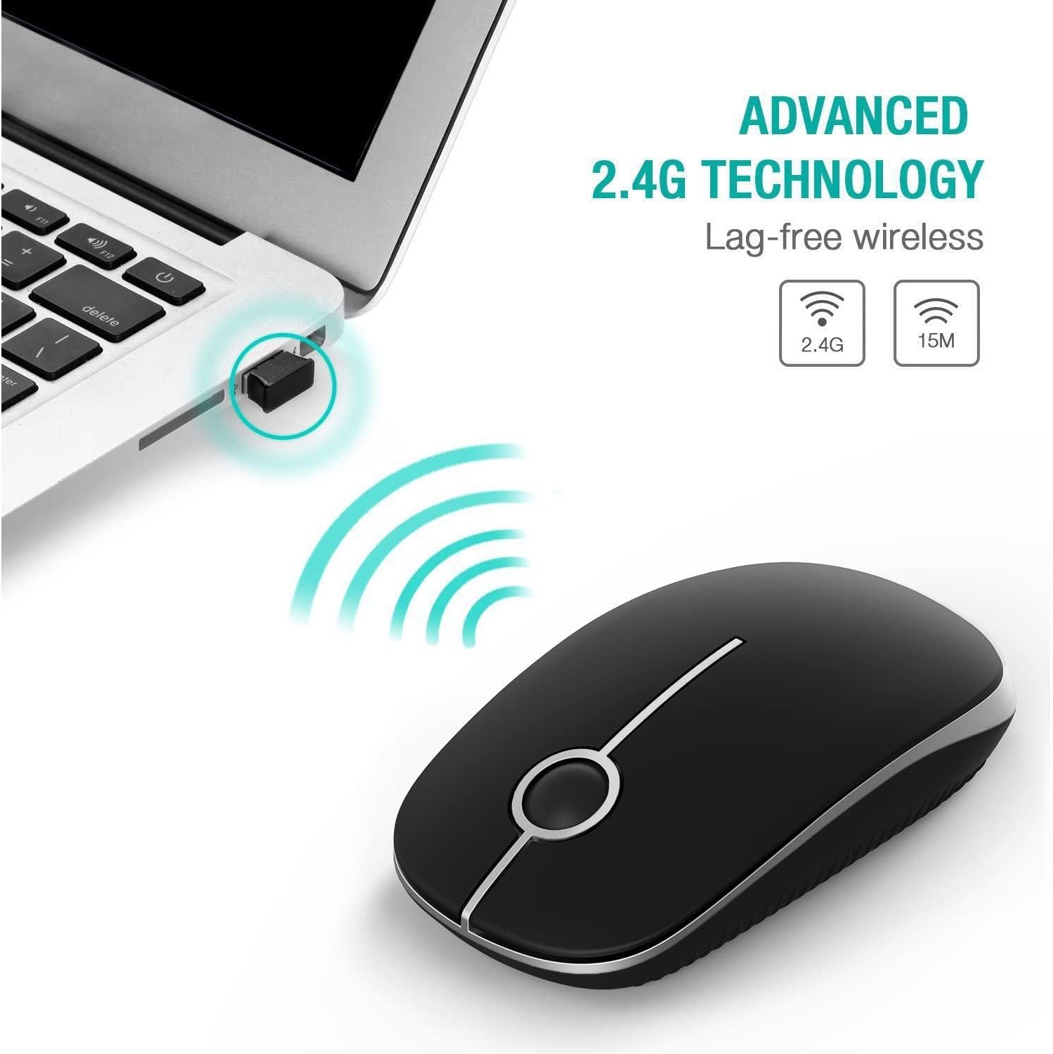 Wireless Mouse, V 2.4G Slim Portable Computer Mice with Nano Receiver for Notebook, PC, Laptop, Computer-Black and Silver