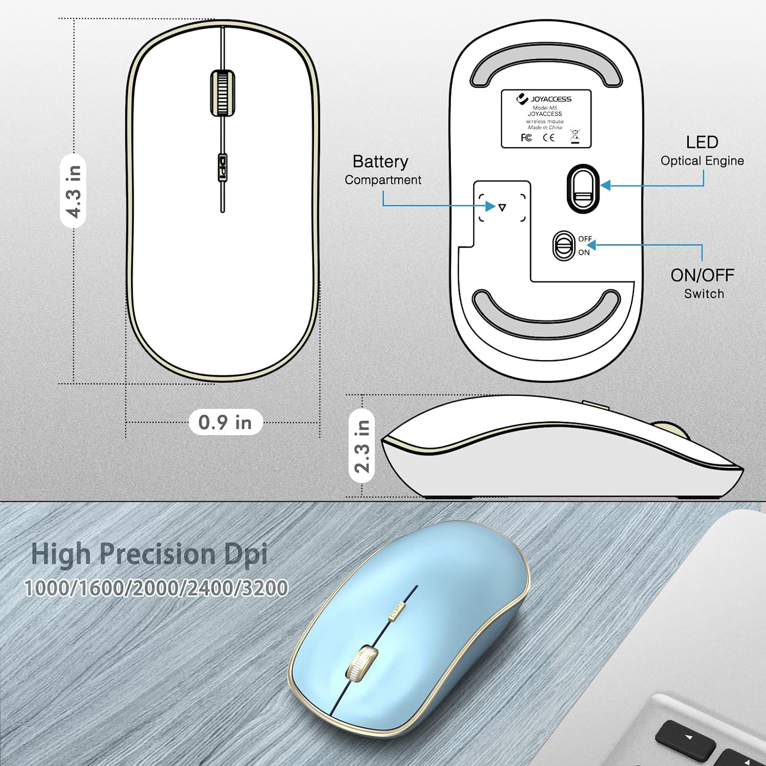 J Wireless Mouse for Laptop, Portable Computer Mouse Wireless with 5 Adjustable DPI Levels, Silent Mouse for Notebook, MacBook, Chromebook, PC
