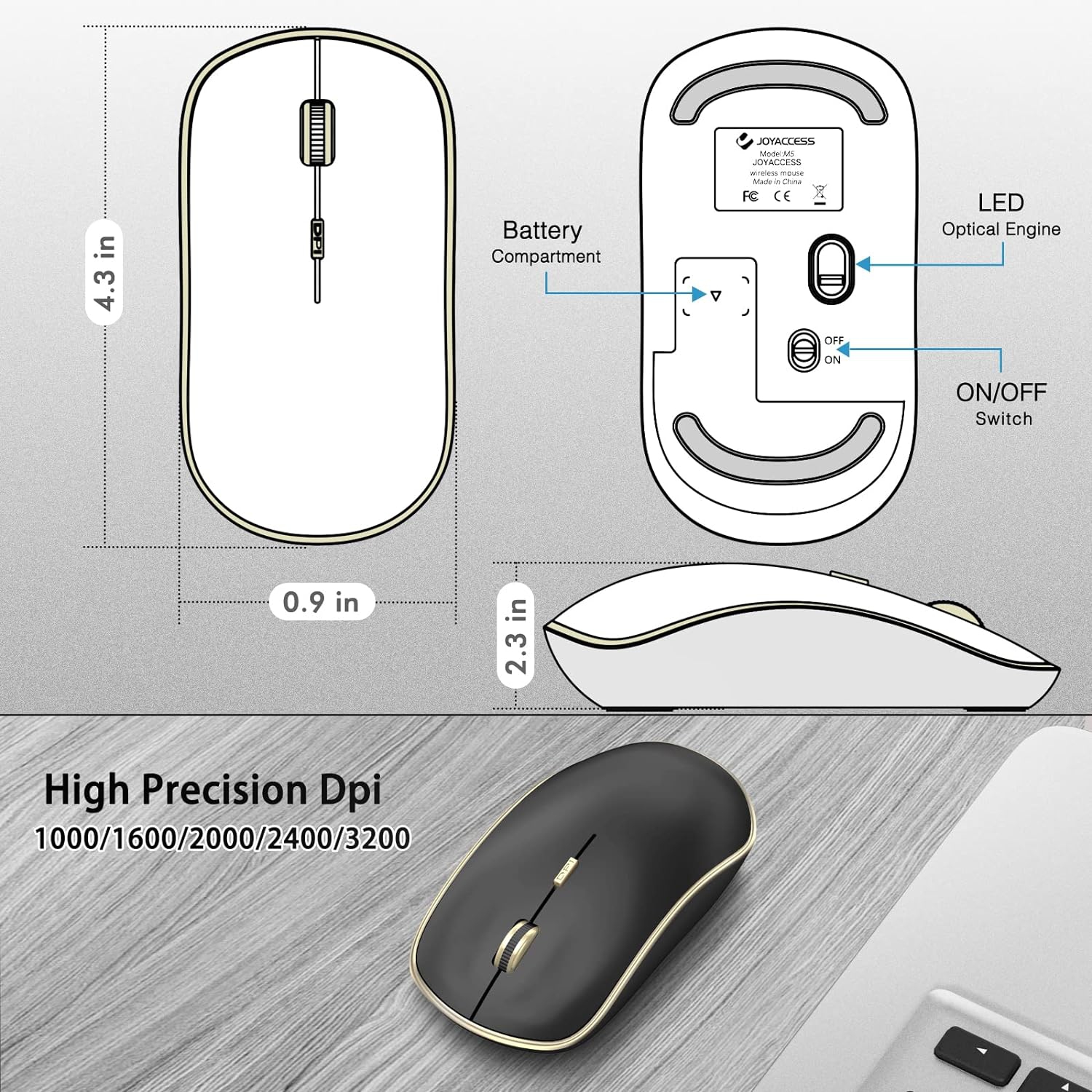 J Silent Wireless Mouse, Portable Wireless Computer Mouse with 5 Adjustable DPI Levels, USB Mouse for Desktop, Notebook, MacBook, Chromebook, PC