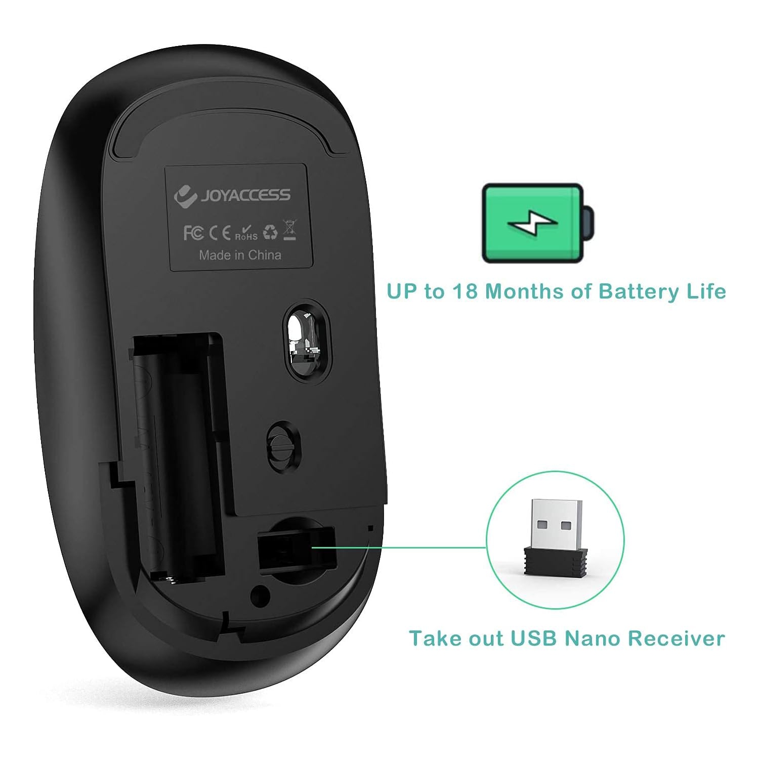 J Wireless Mouse, Silent Wireless Mouse for Laptop with USB Nano Receiver, 2.4G Slim Portable USB Computer Mouse Wireless, 2400 DPI, Cordless Mice