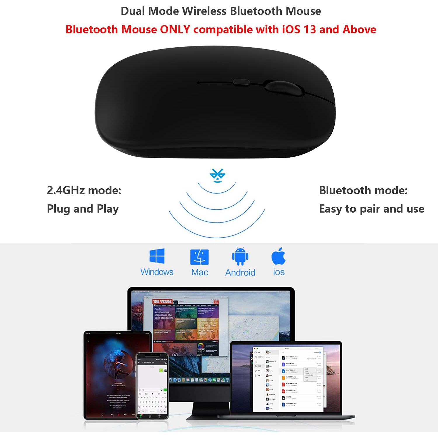Wireless Bluetooth Mouse for iPad iPhone MacBook Android Samsung Tablet Phone Dual-Mode Rechargeable 2.4G Portable Computer Mice for Windows Laptop