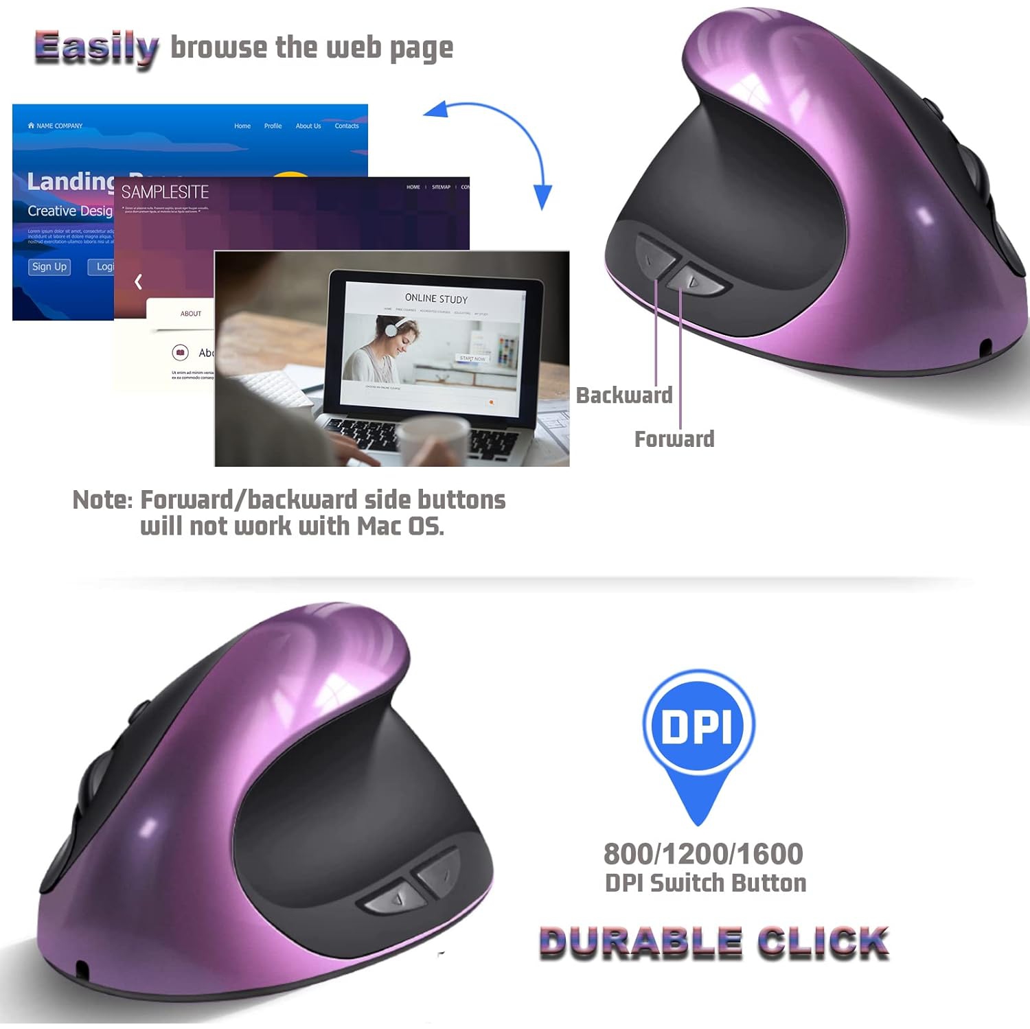Souris ergonomique, petite souris verticale rechargeable avec 6 boutons, souris sans fil 800/1200/1600 ppp, violet, pour ordinateur portatif,