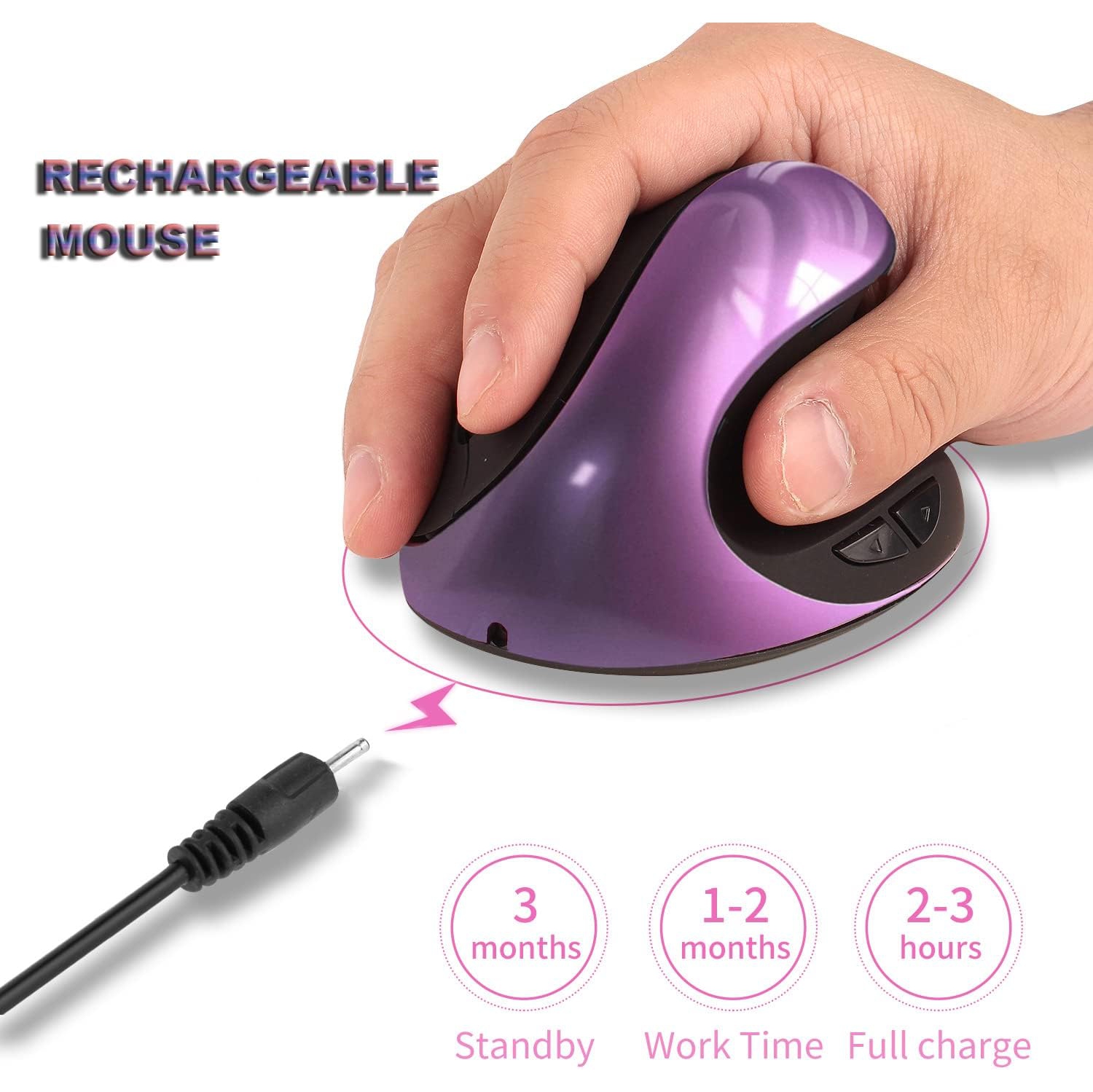 Souris ergonomique, petite souris verticale rechargeable avec 6 boutons, souris sans fil 800/1200/1600 ppp, violet, pour ordinateur portatif,