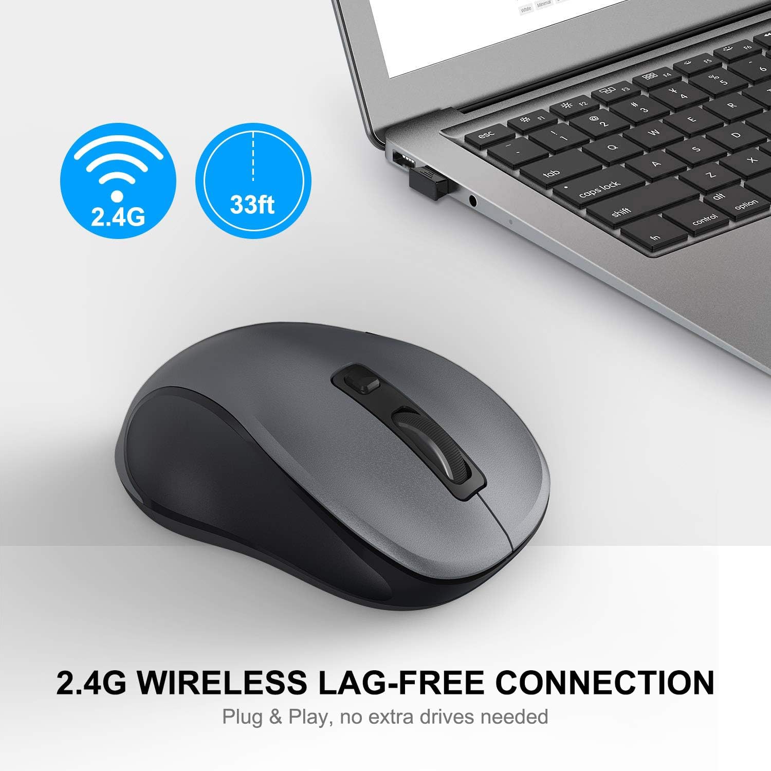 W 2.4G Wireless Mouse for Laptop, Ergonomic Computer Mouse with USB Receiver and 3 Adjustable Levels, 6 Button Cordless Mouse Wireless Mice for