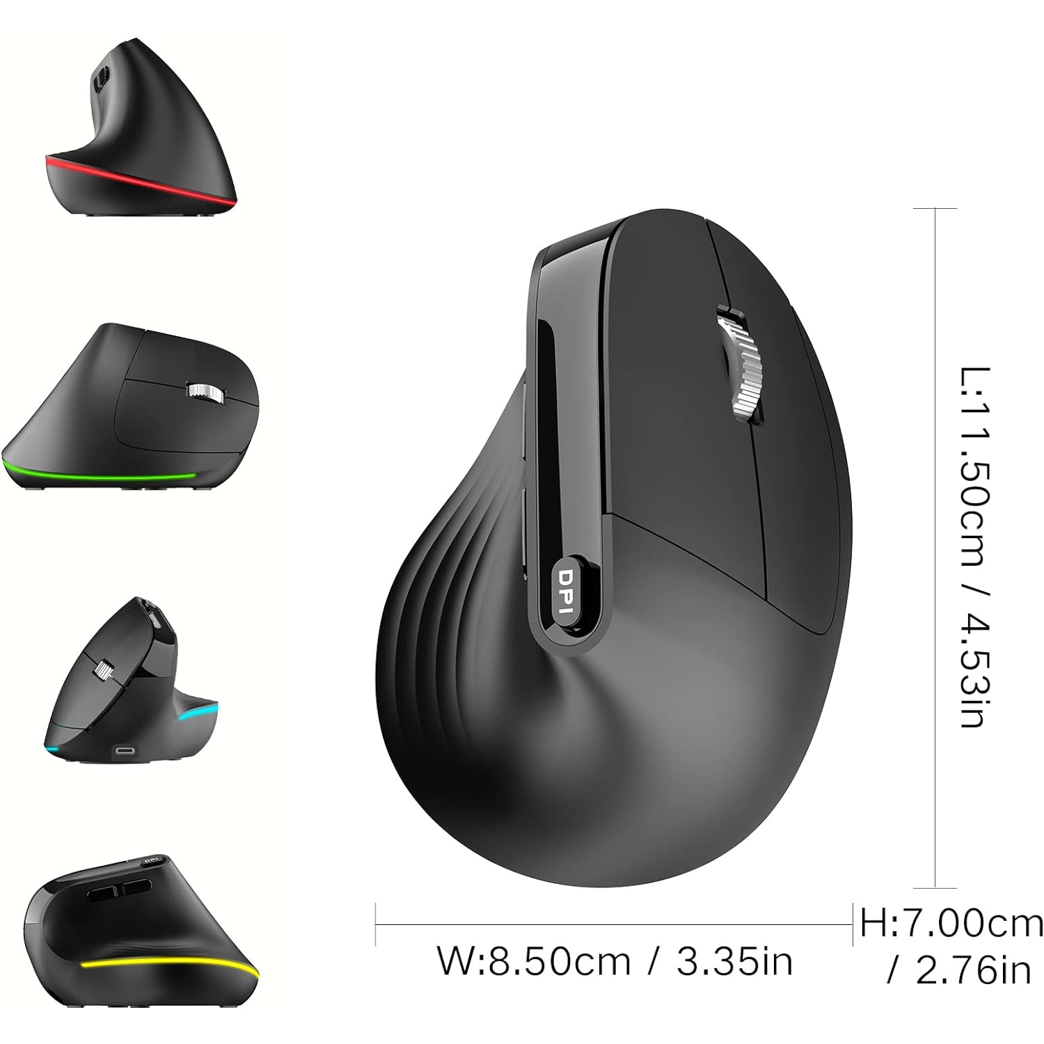 LED Wireless Vertical Mouse, P 2.4G Silent Rechargeable Advanced Ergonomic Mouse with USB Receiver and Type C Adapte, 3 Adjustable DPI Optical