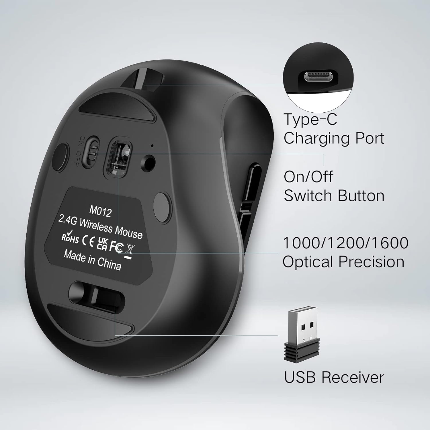 LED Wireless Vertical Mouse, P 2.4G Silent Rechargeable Advanced Ergonomic Mouse with USB Receiver and Type C Adapte, 3 Adjustable DPI Optical