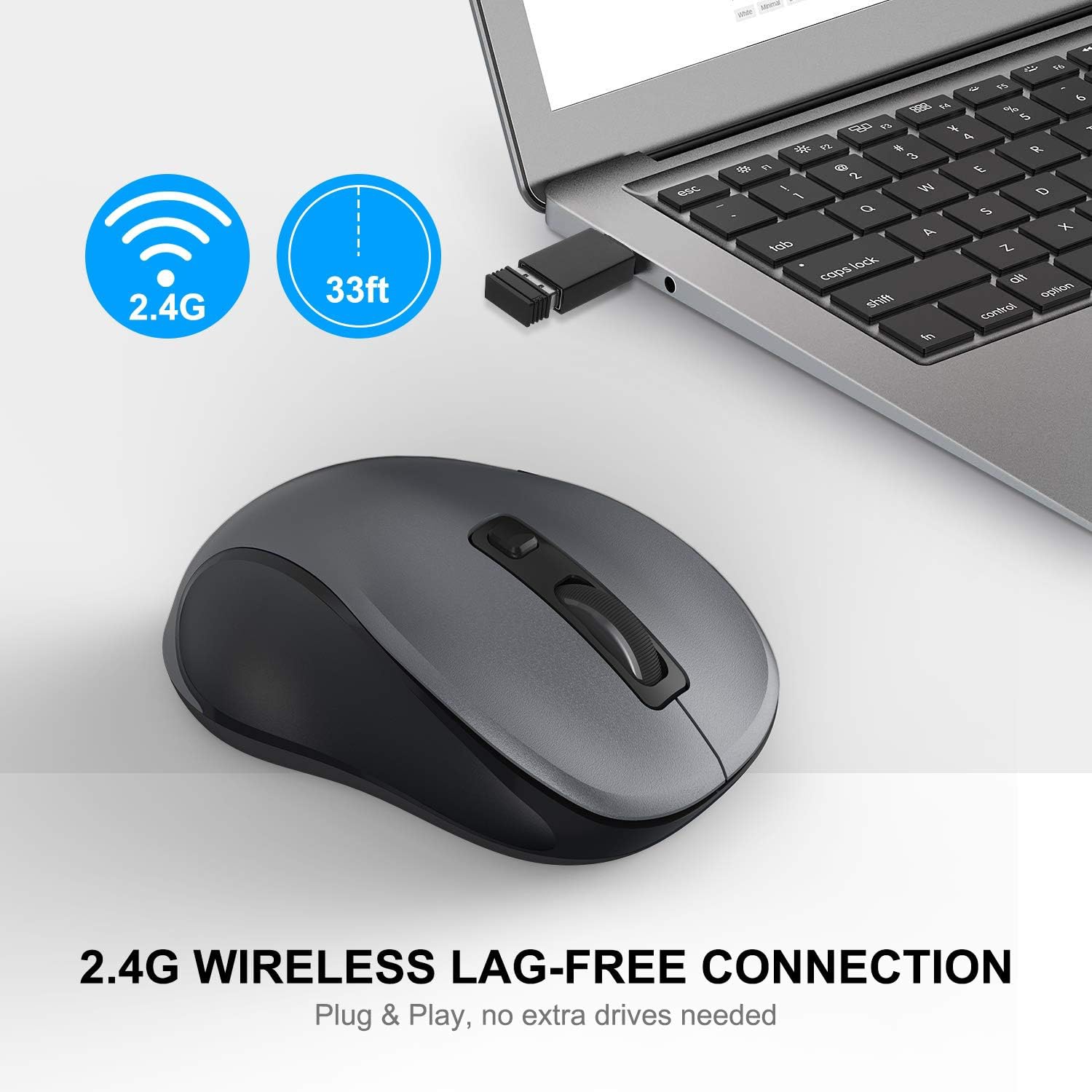 W 2.4G Wireless Mouse for Laptop, Ergonomic Computer Mouse with USB Receiver and Type-C Adapter, 3 Adjustable Levels, 6 Button Cordless Wireless Mice