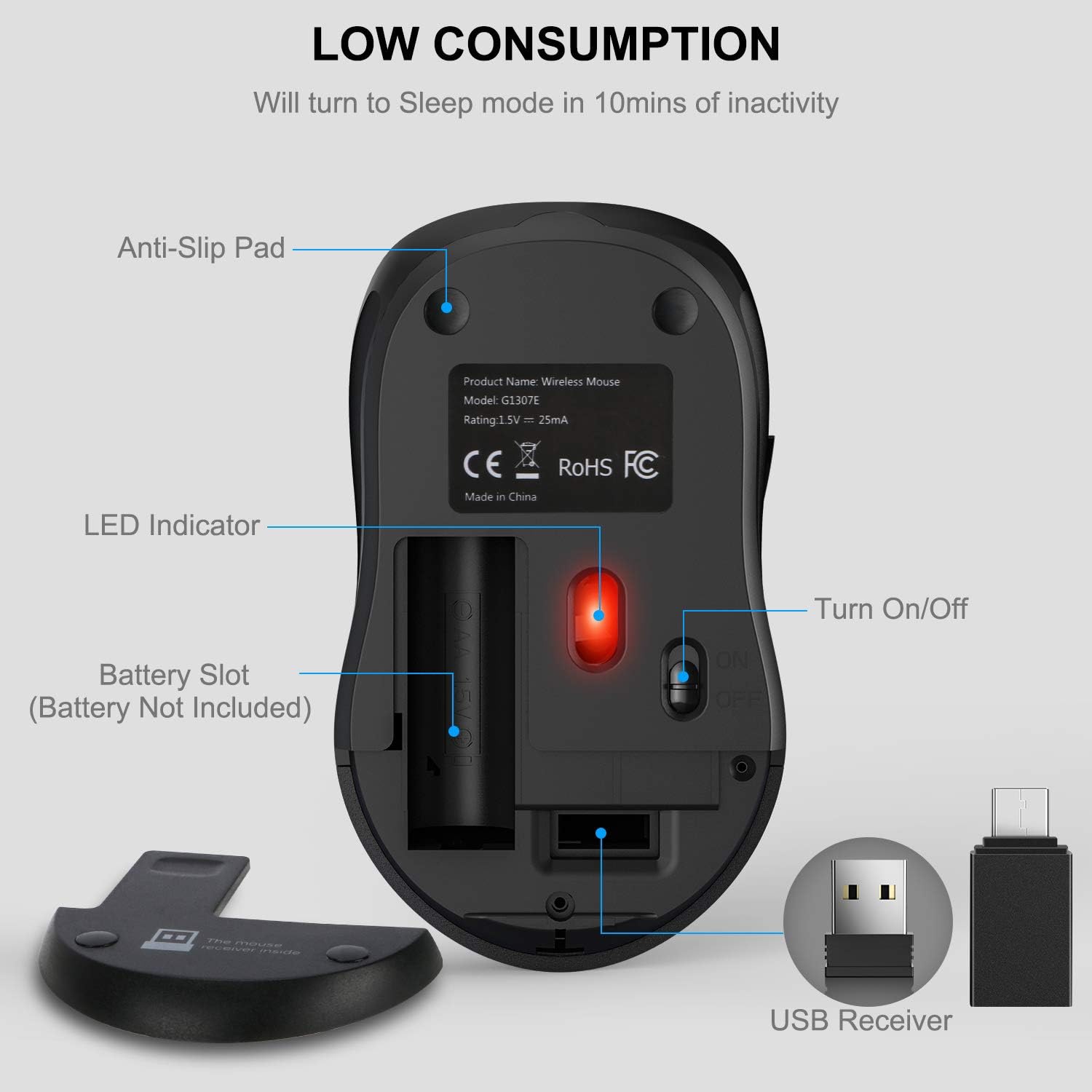 W 2.4G Wireless Mouse for Laptop, Ergonomic Computer Mouse with USB Receiver and Type-C Adapter, 3 Adjustable Levels, 6 Button Cordless Wireless Mice