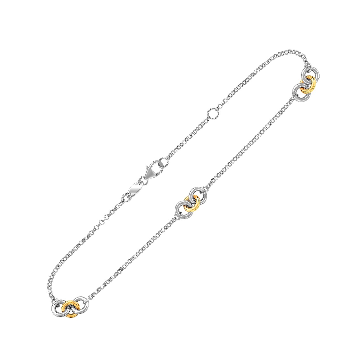 Chaîne de cheville en or jaune 14K K et argent sterling à trois anneaux