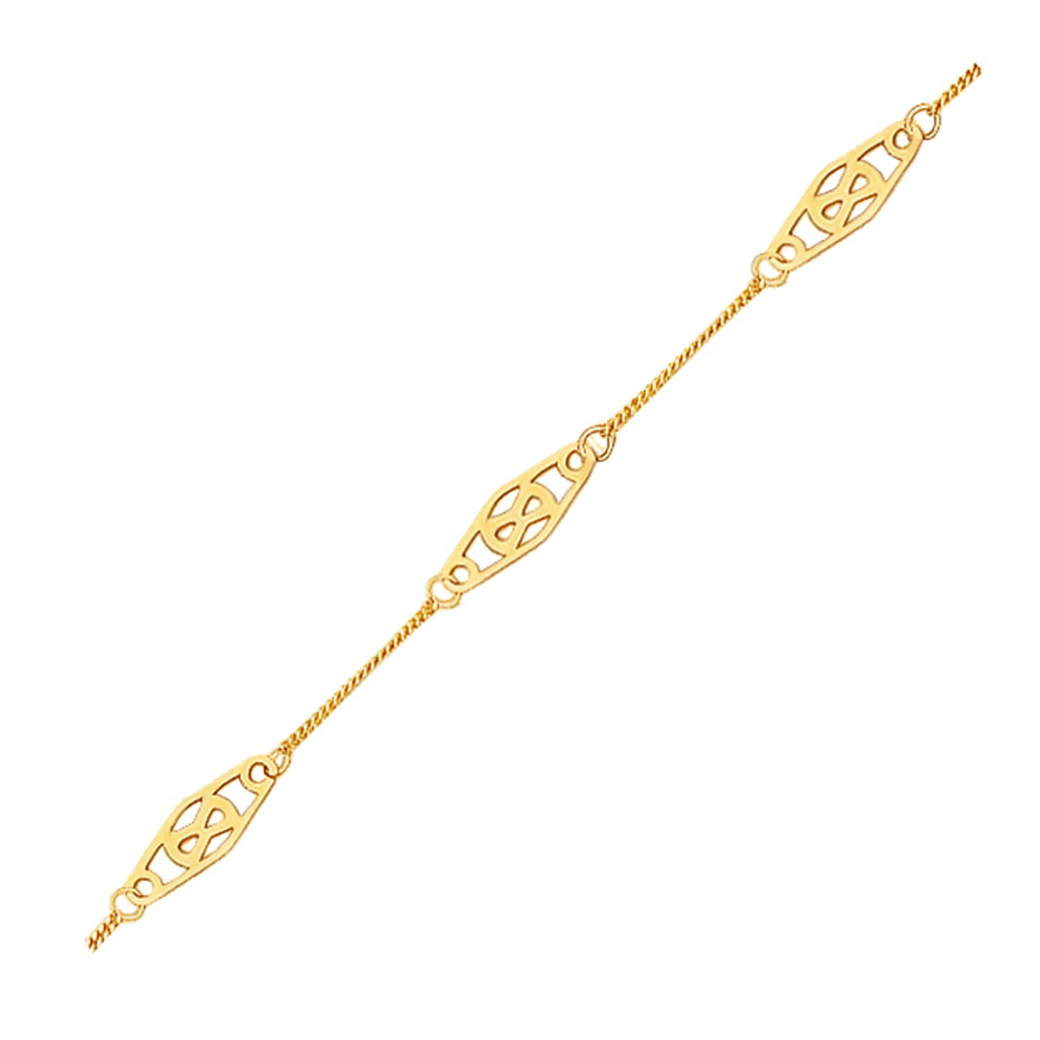 Chaîne de cheville en or jaune 14K ct avec stations à filigrane en forme de diamant fantaisie