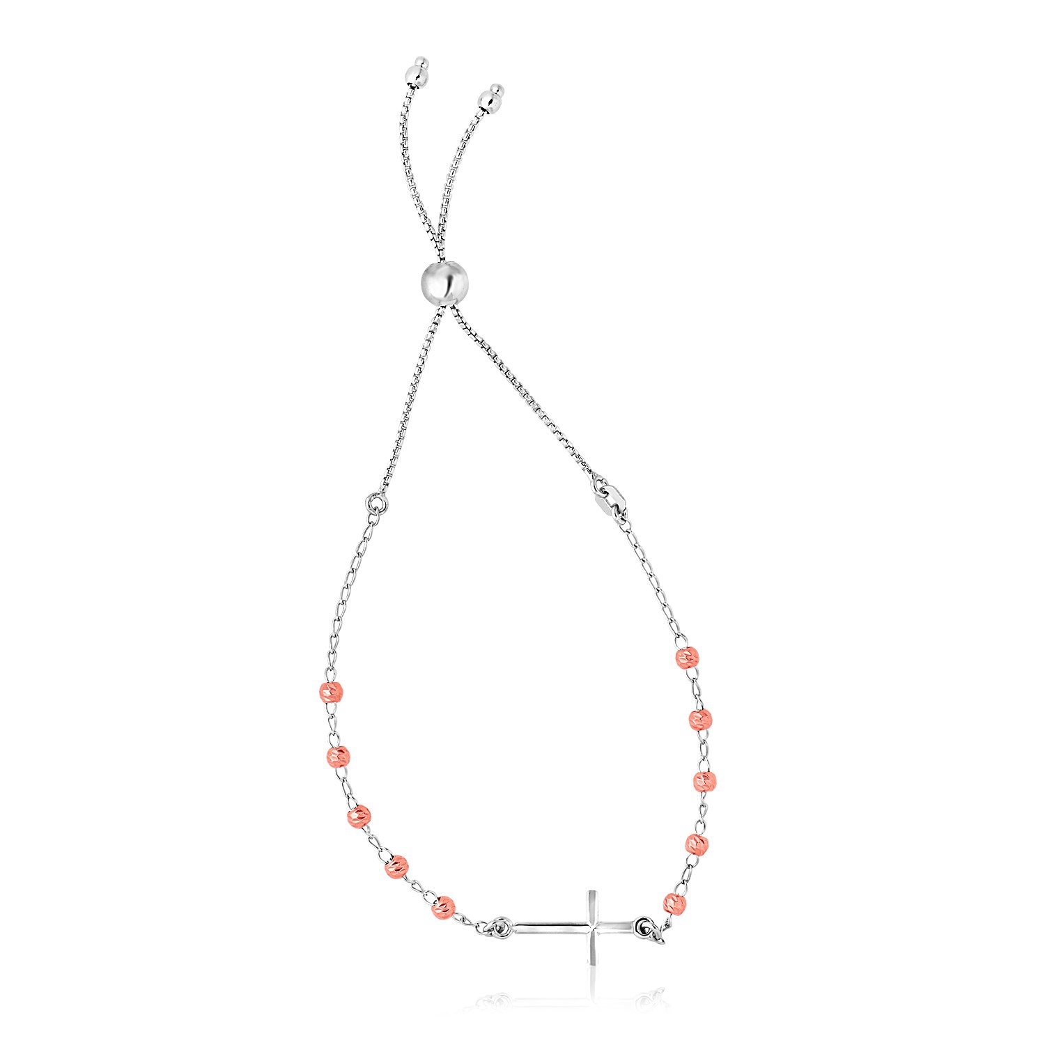 Bracelet ajustable en argent sterling au fini blanc et rose avec croix