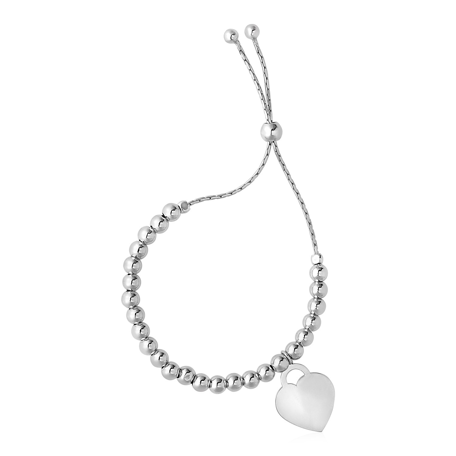 Bracelet ajustable à perles brillantes avec breloque en forme de coeur en argent sterling