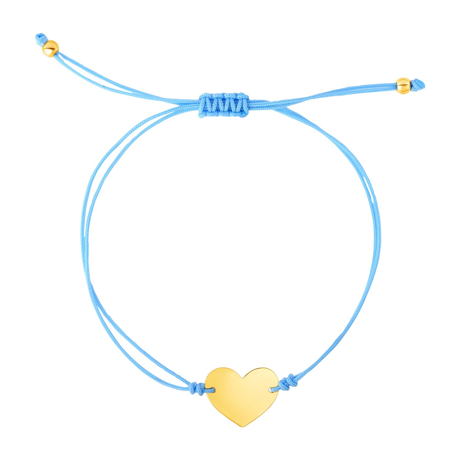 Bracelet ajustable en corde bleue 9 1/4&nbsp;po avec coeur en or jaune 14k ct