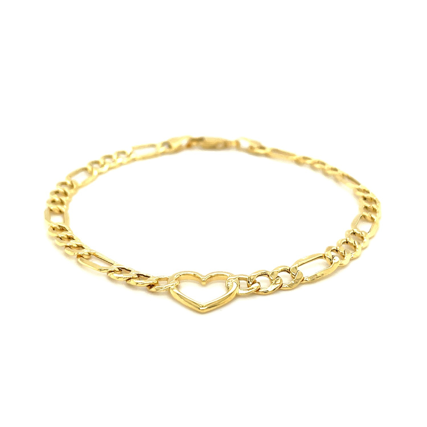 Bracelet à mailles figaro 7 po en or jaune 14K ct avec coeur