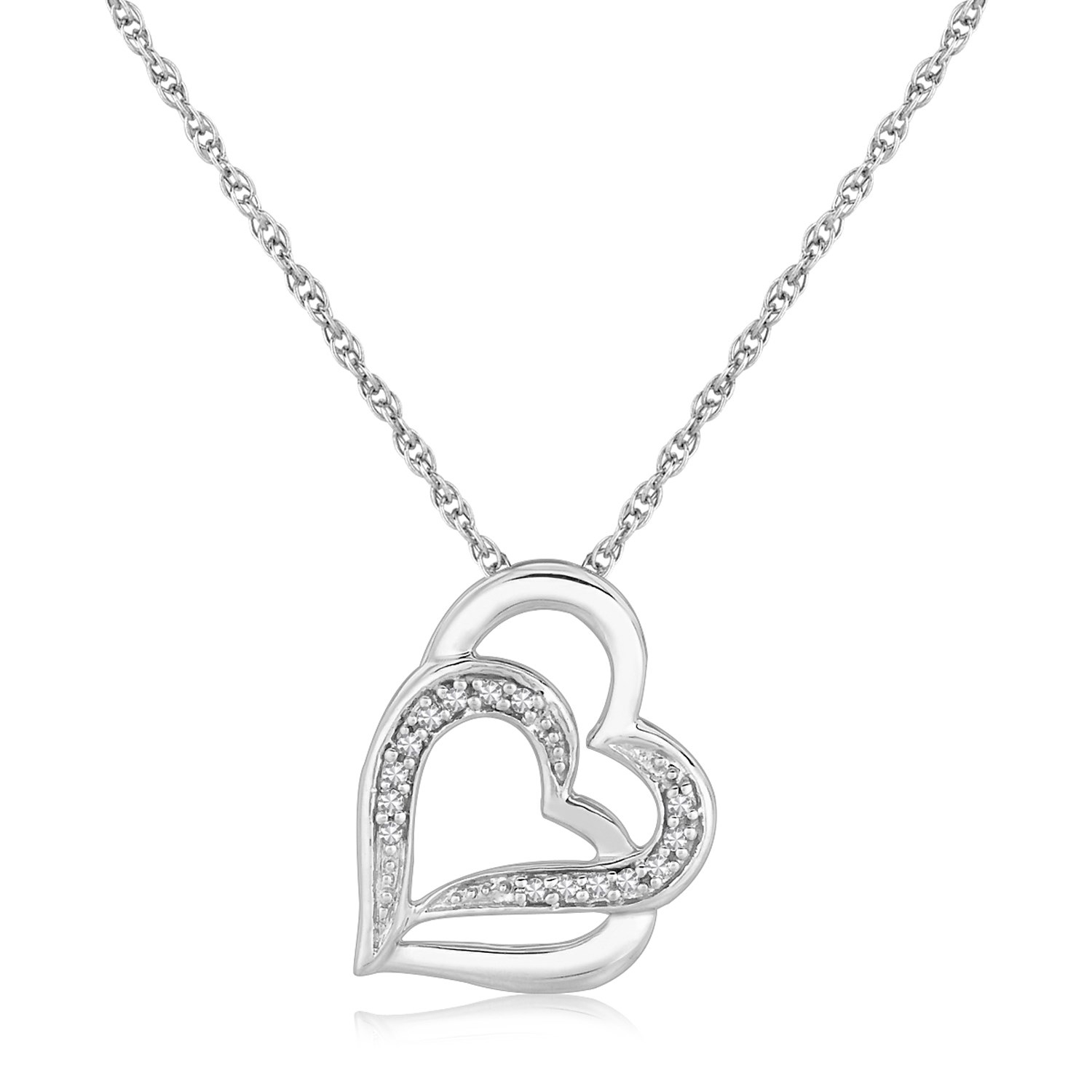 Sterling Silver Dual Heart Motif Pendant with Diamonds