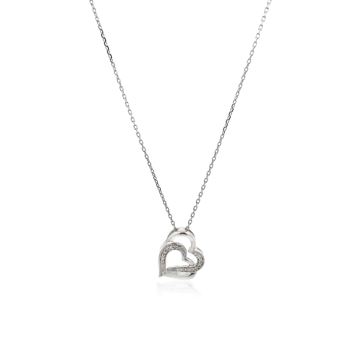 Sterling Silver Dual Heart Motif Pendant with Diamonds