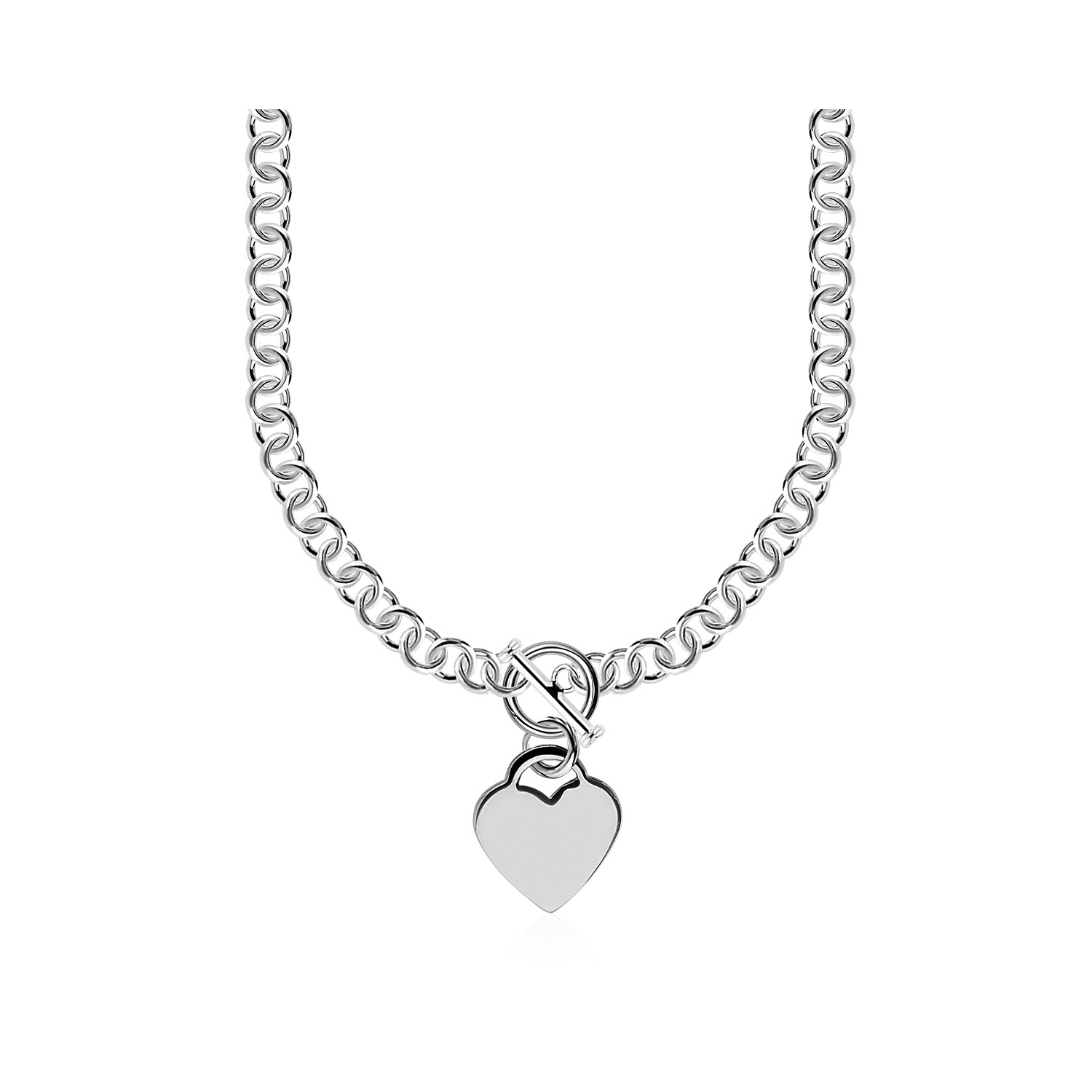Sterling Silver Rolo Chain with a Heart Toggle Charm and Rhodium Plating