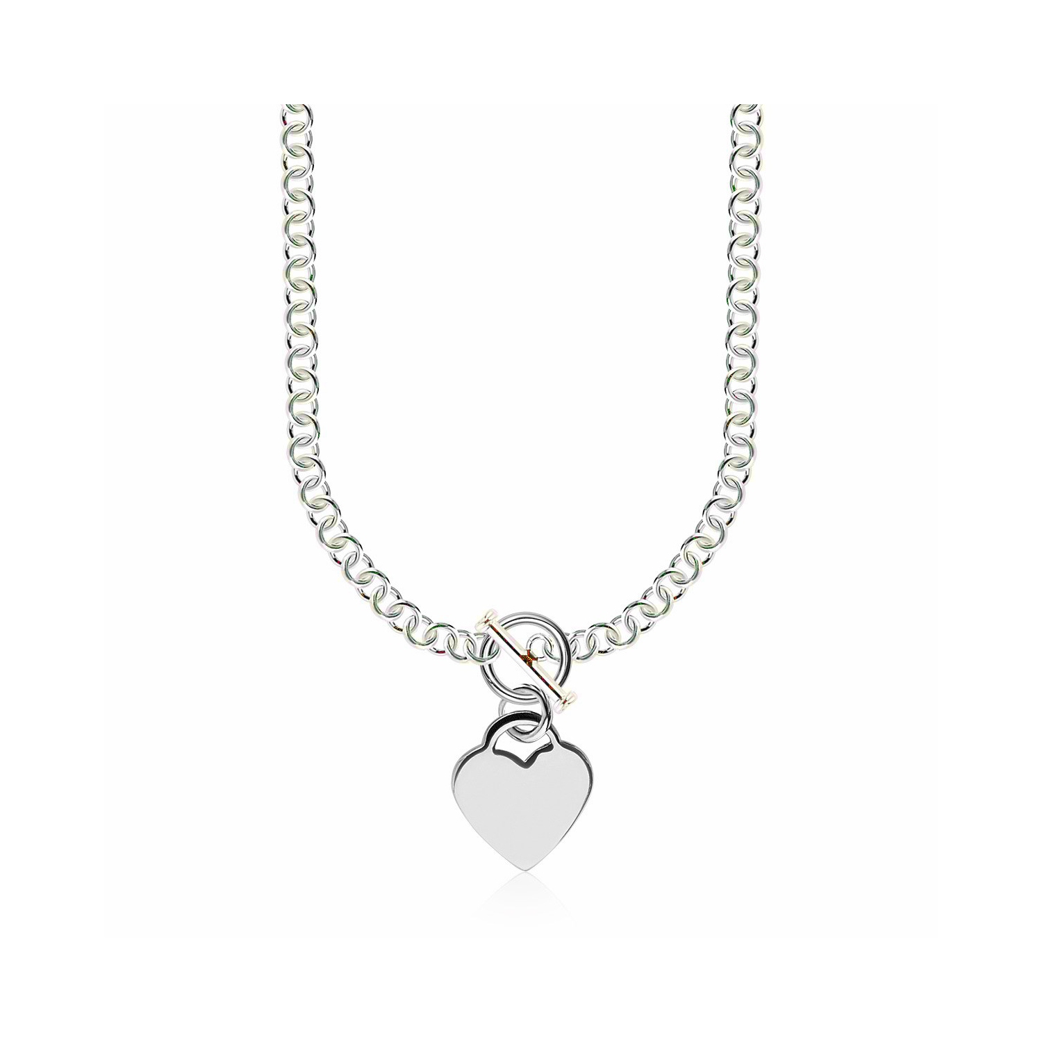 Sterling Silver Rhodium Plated Rolo Chain Necklace with a Heart Toggle Charm